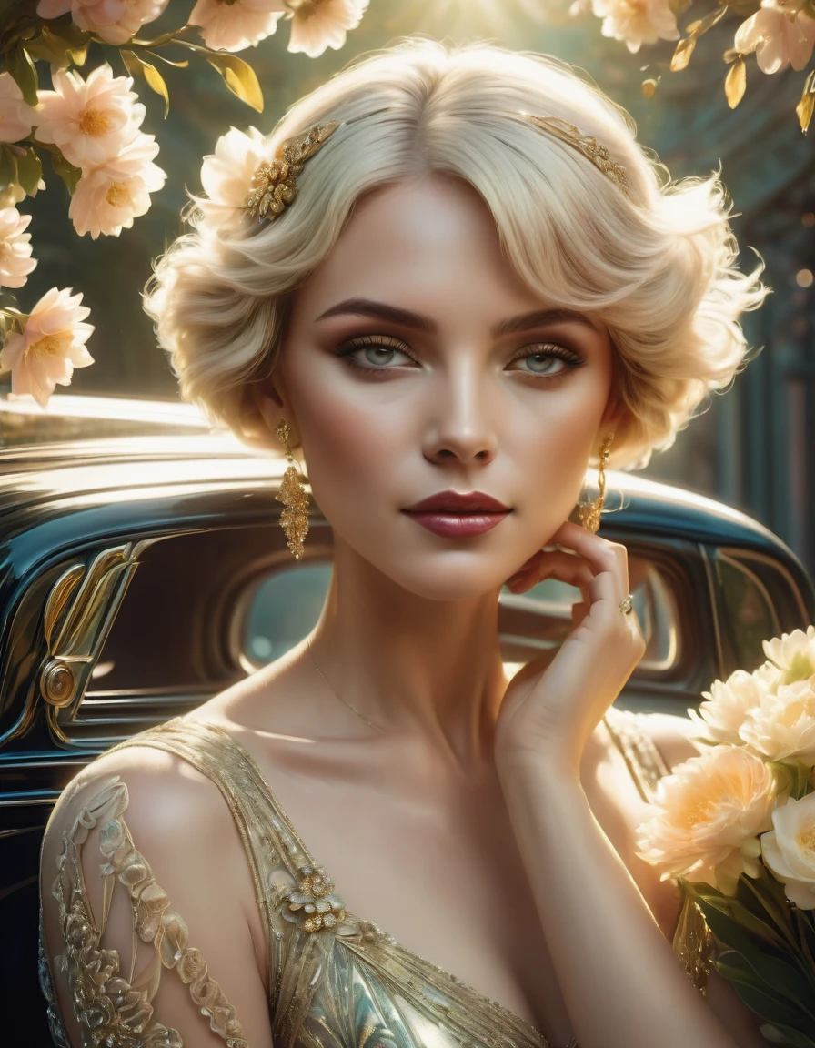 1920s woman leaning on a vintage car, bathed in the soft hues of spring amid a profusion of flowers, adorned in gold jewelry reflecting the light, captured in an Art Deco style, digital painting emulating chic, cinematic luminous lighting, intricate detailing akin to a trending ArtStation piece, 8K resolution, photorealistic concept artistry, embracing soft natural volumetric cinematic perfect light., haze, ultra-detailed, film photography, light leaks, Larry Bud Melman, trending on artstation, sharp focus, studio photo, intricate details, highly detailed