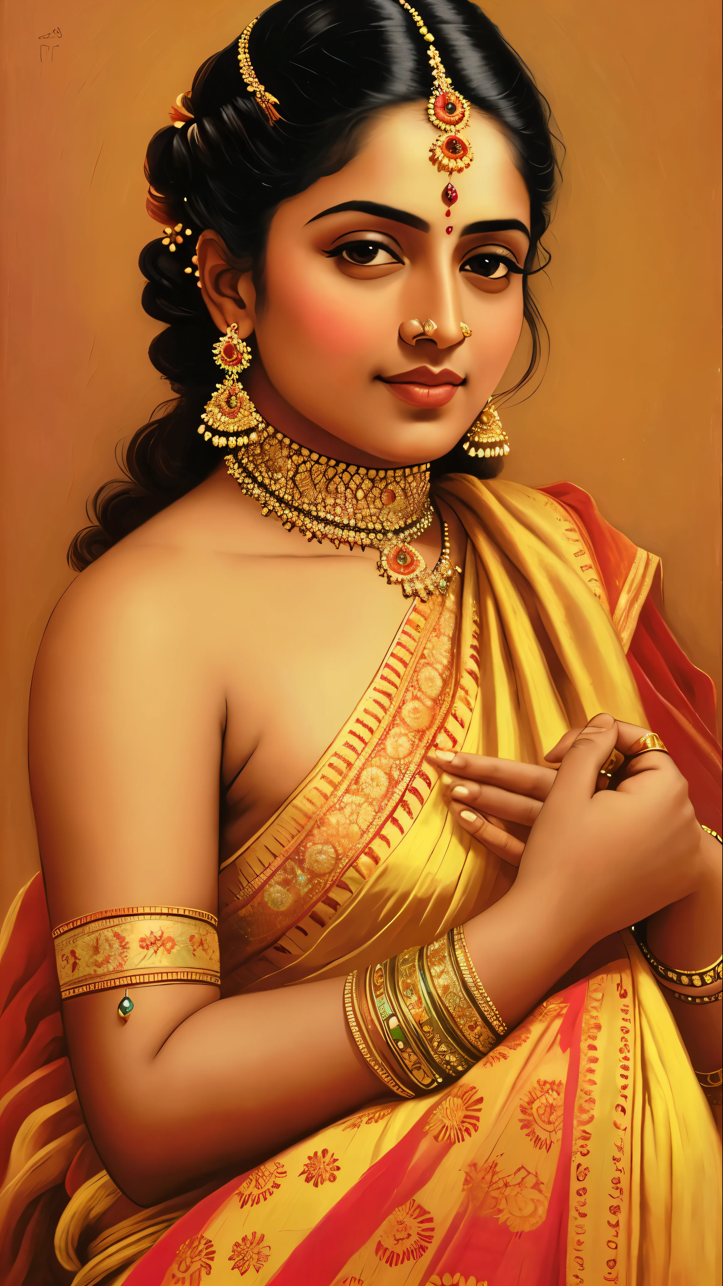 Reclining Nair Lady by artist Raja Ravi Varma, Realistic, 8K, ultra-detailed, intricate,Unreal Engine, midjourney art style impressionism, abstract, (oil painting , dry brushstrokes), negative space, vibrant colours, extremely beautiful lady, gorgeous, perfect thick healthy figure,