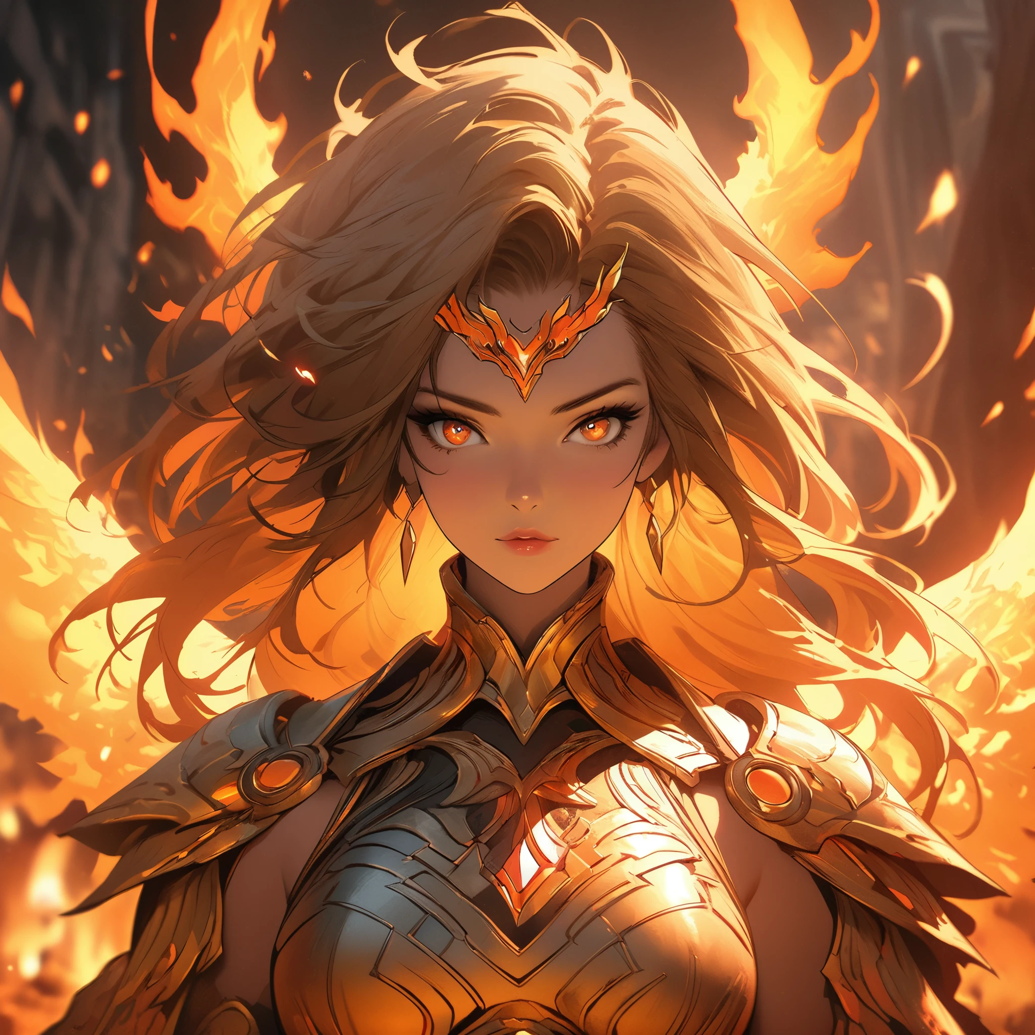 Close-up of a woman on fire and flames, With fiery golden wings of flame, With fiery golden wings, epic fantasy art style, concept art | type germ, Phoenix Warrior, extremely detailed type germ, Epic fantasy digital art style, female protagonist, A complete portrait of the Elementalists, Epic and beautiful character art