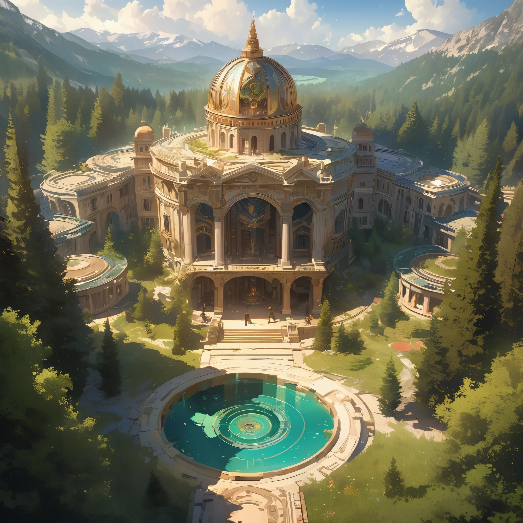 Ralph Macquarie style, greek architecture done in a sci-fi style on a fair forest and meadow scene with tall buildings and open green spaces, painting, fair, Very detailed