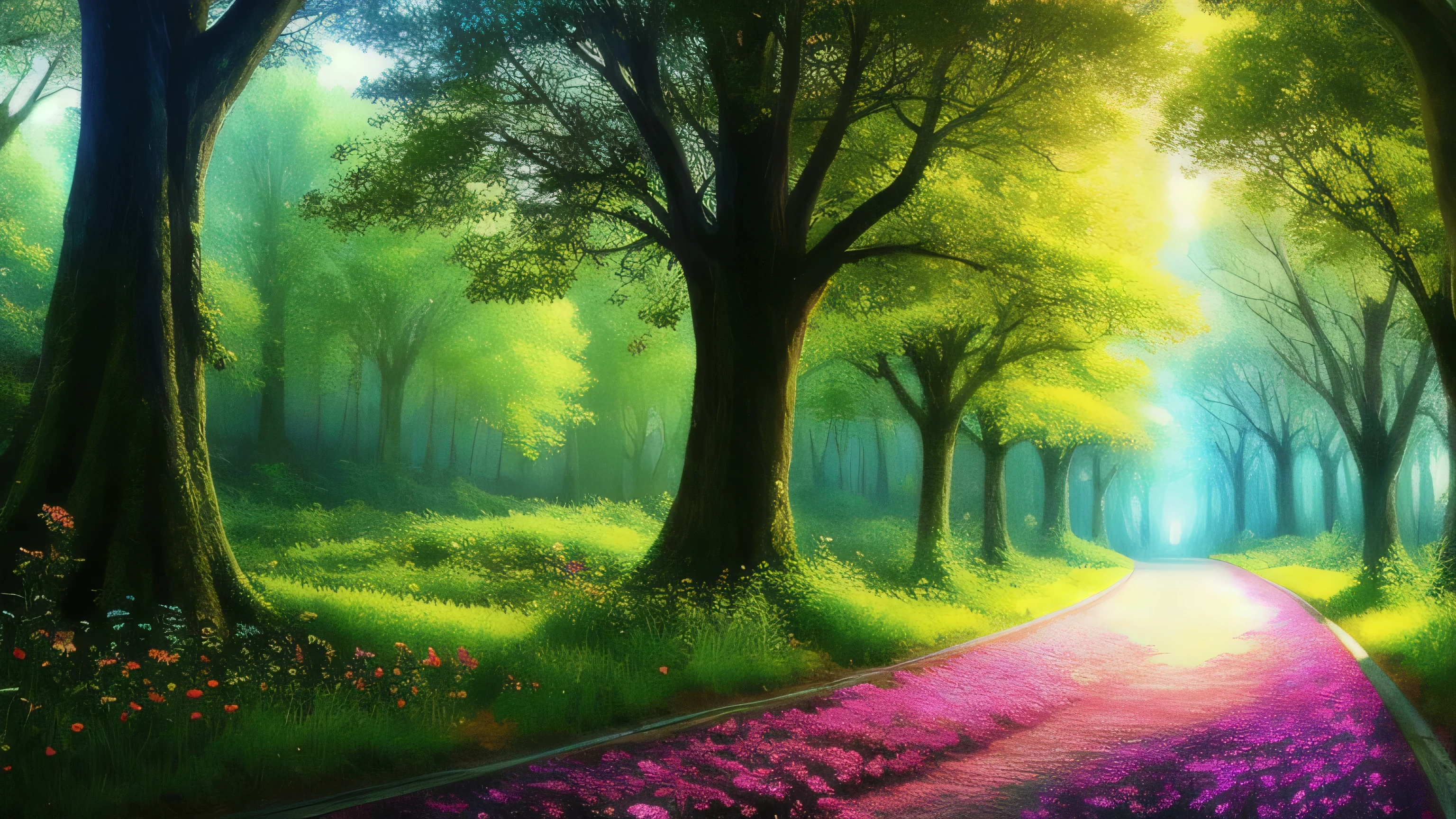 masterpiece, 最high quality, high quality,very detailed CG unity 8k wallpaper ,bright and colorful flowers々、fantastic forest、enchanting and fantasy landscape、Winding Road、 towering tree々and, Glowing Tree々, Create a mysterious and enchanting feeling, art station, digital illustration, Complex, trend, pastel colour, oil, award winning photography, Depth of the bounds written, HDR, bloom, chromatic aberration ,realistic,very detailed, trend on art station, trend on CGsociety, Complex, high detail, dramatic, mid-journey art、