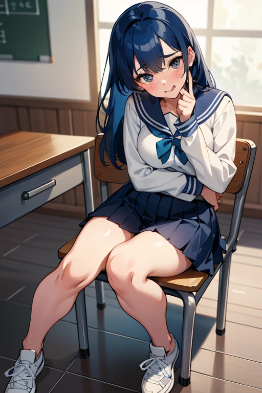 masterpiece、8K、beautiful girl,evening classroom、Sailor uniform with little exposure、Clearly depict the contours of the entire face,Describe the whole body,beautiful posture,blue hair、Sweat、oily skin、long hair、fine skin、sneakers、plump breasts、lick your fingers、upward glance、blush、Skirt that hides pants、stretch your tongue、sit on a chair、bra、shirt