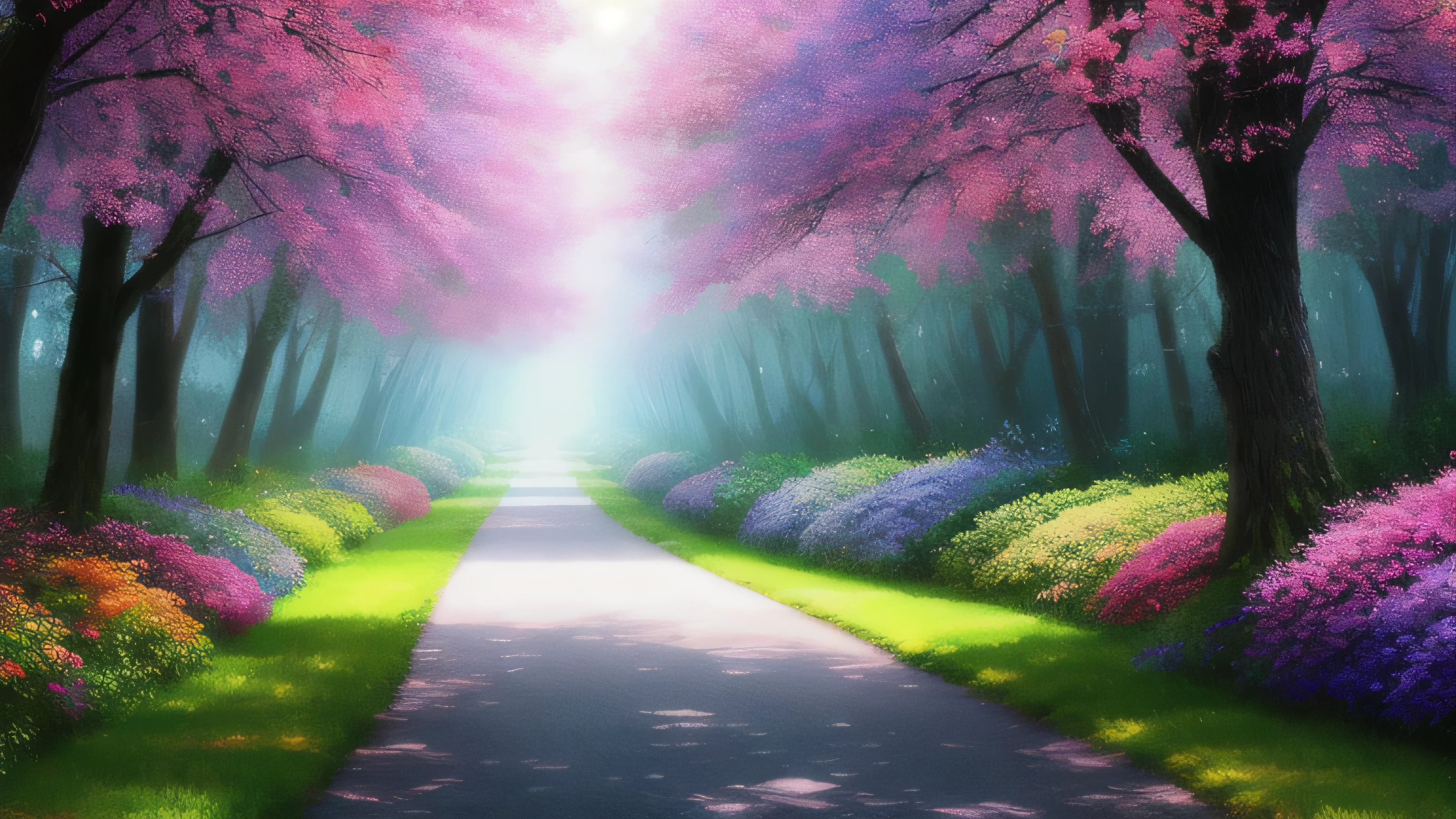 masterpiece, 最high quality, high quality,very detailed CG unity 8k wallpaper ,bright and colorful flowers々、fantastic forest、enchanting and fantasy landscape、Winding Road、 towering tree々and, Glowing Tree々, Create a mysterious and enchanting feeling, art station, digital illustration, Complex, trend, pastel colour, oil, award winning photography, Depth of the bounds written, HDR, bloom, chromatic aberration ,realistic,very detailed, trend on art station, trend on CGsociety, Complex, high detail, dramatic, mid-journey art、