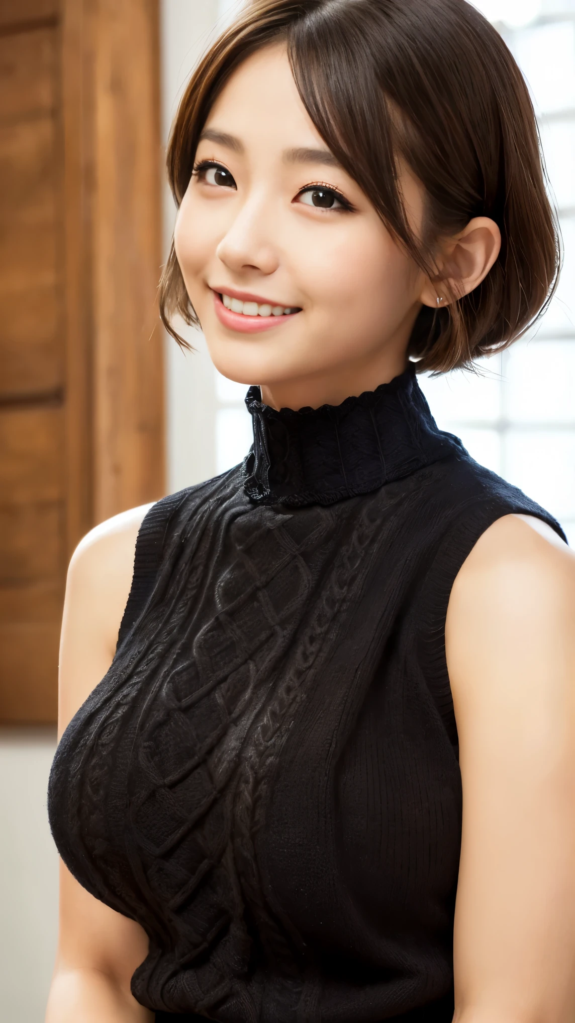 黒いsleeveless sweaterを着た日本女性、 (((masterpiece))), ((highest quality)), ((intricate details)), (((超realistic)), absurd solution, near and far law, very detailed, realistic, 1 girl, ((big breasts)), perfect hands, finger details, beautiful and detailed eyes, short hair, brown eyes,(sleeveless sweater:1.2), Black knitted dress, detailed background, choker, perfect eyes, enchanting eyes, look at the audience, From diagonally above the right、laughter、mole around the mouth、