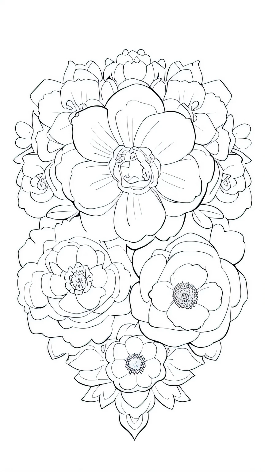 a heart shaped arrangement of flowers on a white background, heart made of flowers, coloring book page, coloring book outline, surrounded flower, flowers with intricate detail, line drawing, simple line art, line art, detailed flowers, flower elements, linear illustration, black on white line art, line art colouring page, intricate flower designs, with colored flowers, made with illustrator