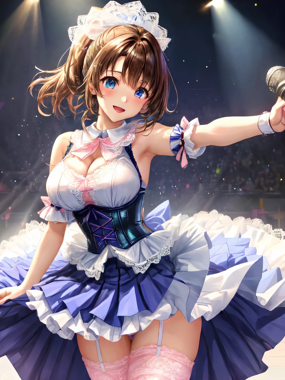 sing、holding a microphone, dancing、big smile、adult woman、exact number of fingers、Exact number of legs、Exact number of arms、bangs, Dereste、ribbon ponytail, brown hair、white and navy idol costume、That costume includes a navy blue idol-style corset., That costume has a ribbon on the collar.、The costume covers the shoulders, sides, upper arms, and arms., That costume only opens wide at the chest.、high socks、white idol style skirt, (Detailed and luxuriously decorated underwear:1.3), Ribbon at collar, (White and pink panties with lots of lace:1.3), white lace bra:1.2), sexy underwear, Thighhighs、 beautiful big breasts, (erect nipples:1), The skirt is flipped by the wind、highest quality, High resolution, (detailed and beautiful eyes:1.6), highly detailed face, perfect lighting, Very detailed CG, (perfect hands, perfect anatomy)、(live stage、a lot of spectators:1.3)、whole body
(white horizontal lace panties:1.1), (skirt lift:0.97), (shirt lift:0.96), show off panties、(show off bra:0.94)