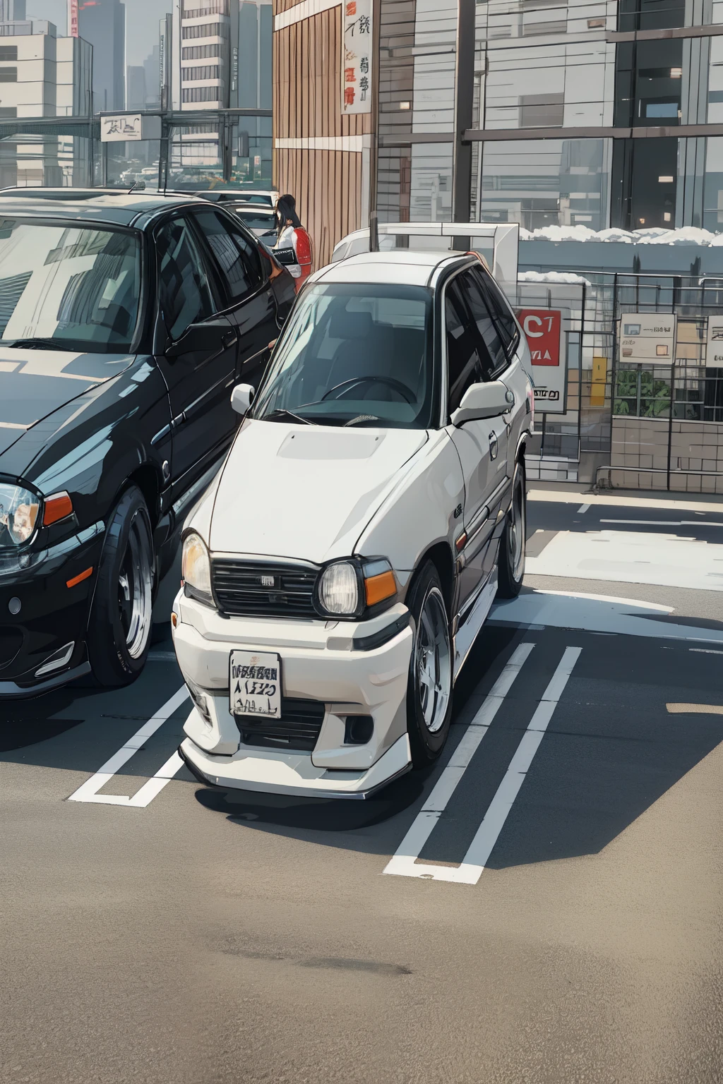 Two cars are parked next to each other in a parking space, wide body, Installed in the Tokyo Bank parking lot, Japan in the 90s, full car, Toyota Ridge, super wide, Taken in the early 2020s, tunning, 8K!!, surface side, surface side full, long front end, Written by Noami, front shot