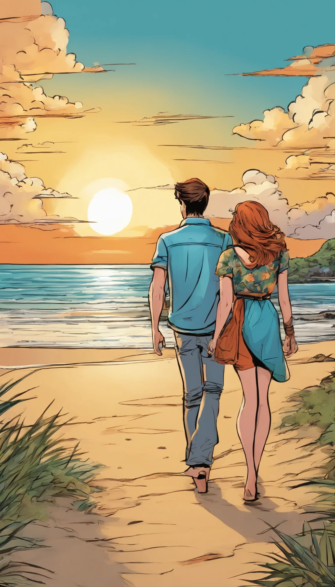young couple walking along the beach towards the sunset.