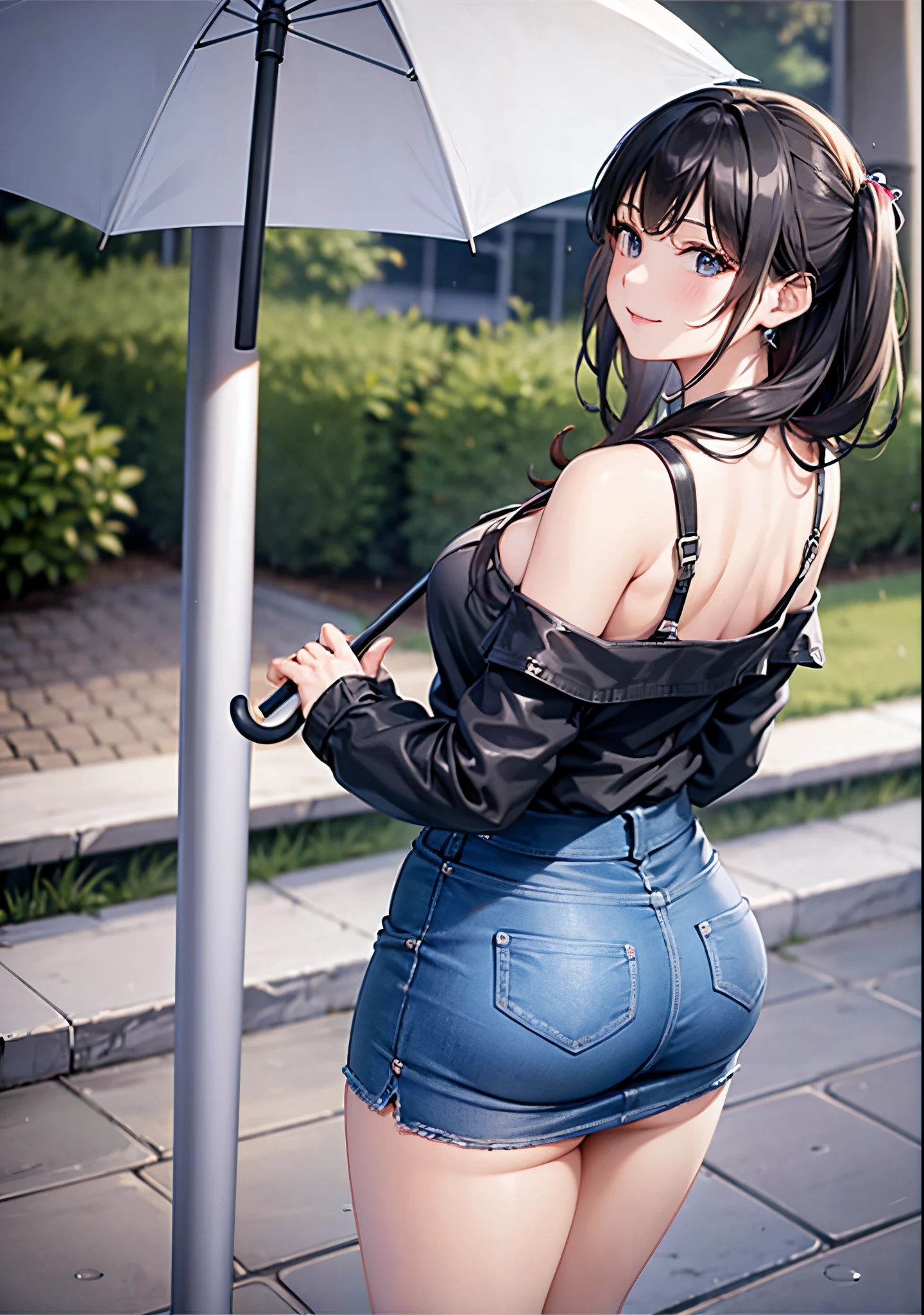 beautiful girl、((Accentuate your butt))、smile、((Holding an umbrella))、((It's raining))、Shibuya、squat、Black Hair、denim、(Vinyl umbrella)