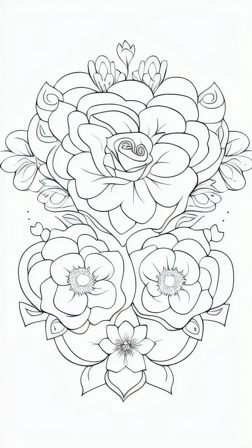 a heart shaped arrangement of rose flowers on a white background, heart made of flowers, coloring book page, coloring book outline, surrounded flower, flowers with intricate detail, line drawing, simple line art, line art, detailed flowers, flower elements, linear illustration, black on white line art, line art colouring page, intricate flower designs, with colored flowers, made with illustrator