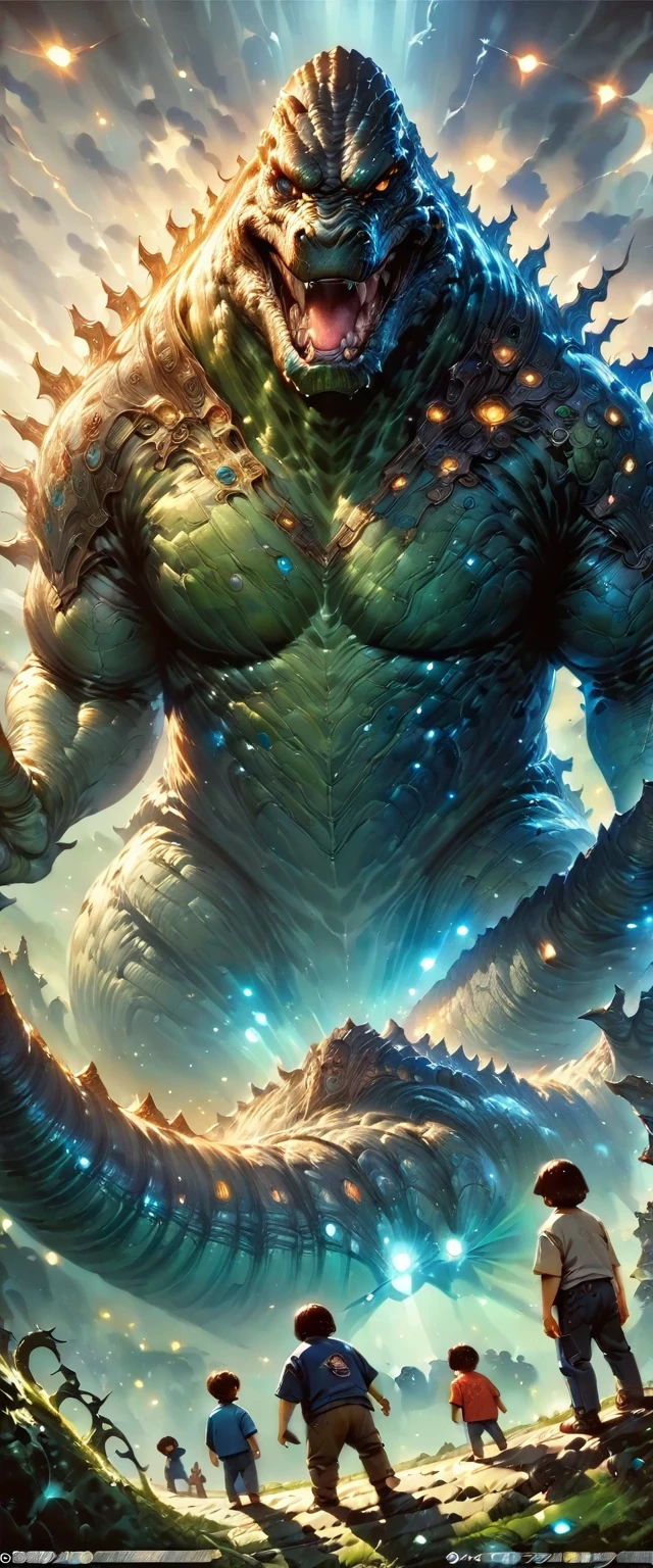 Giant Godzilla, super wide angle, Observing tiny humans, epic, movie scene, The file still, fantasy concept art, (masterpiece, best quality, perfect composition, very aesthetic, Ridiculous, Super detailed, intricate details, professional, official art, representative work:1.3)