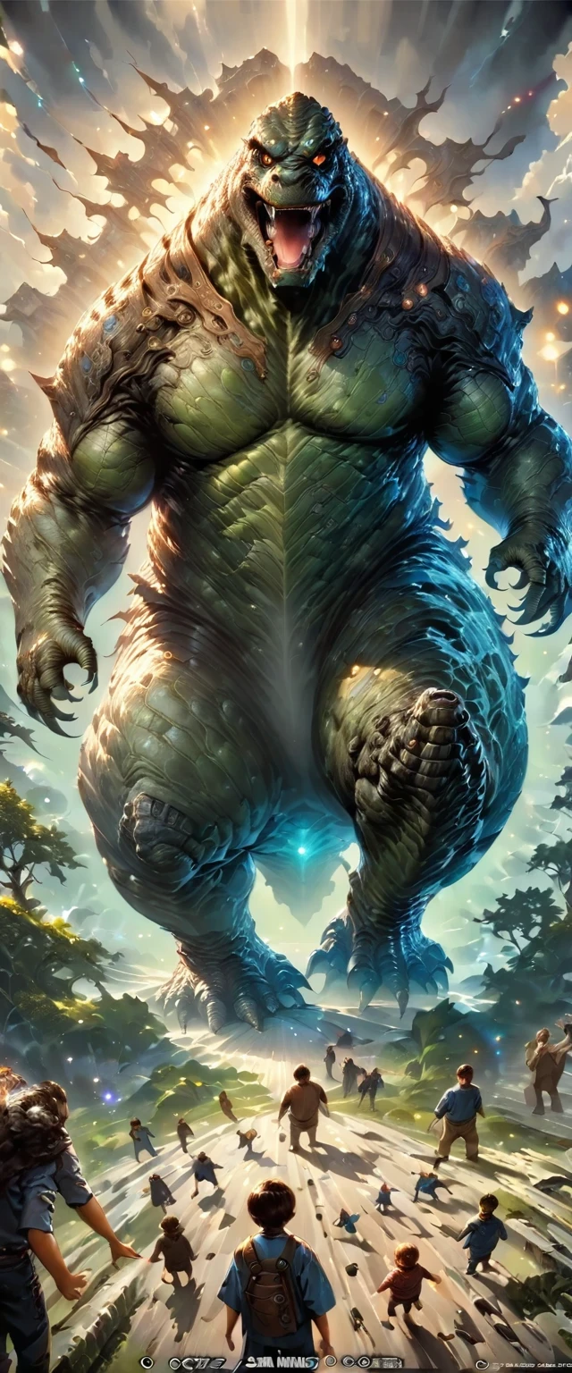 Giant Godzilla, super wide angle, Observing tiny humans, epic, movie scene, The file still, fantasy concept art, (masterpiece, best quality, perfect composition, very aesthetic, Ridiculous, Super detailed, intricate details, professional, official art, representative work:1.3)