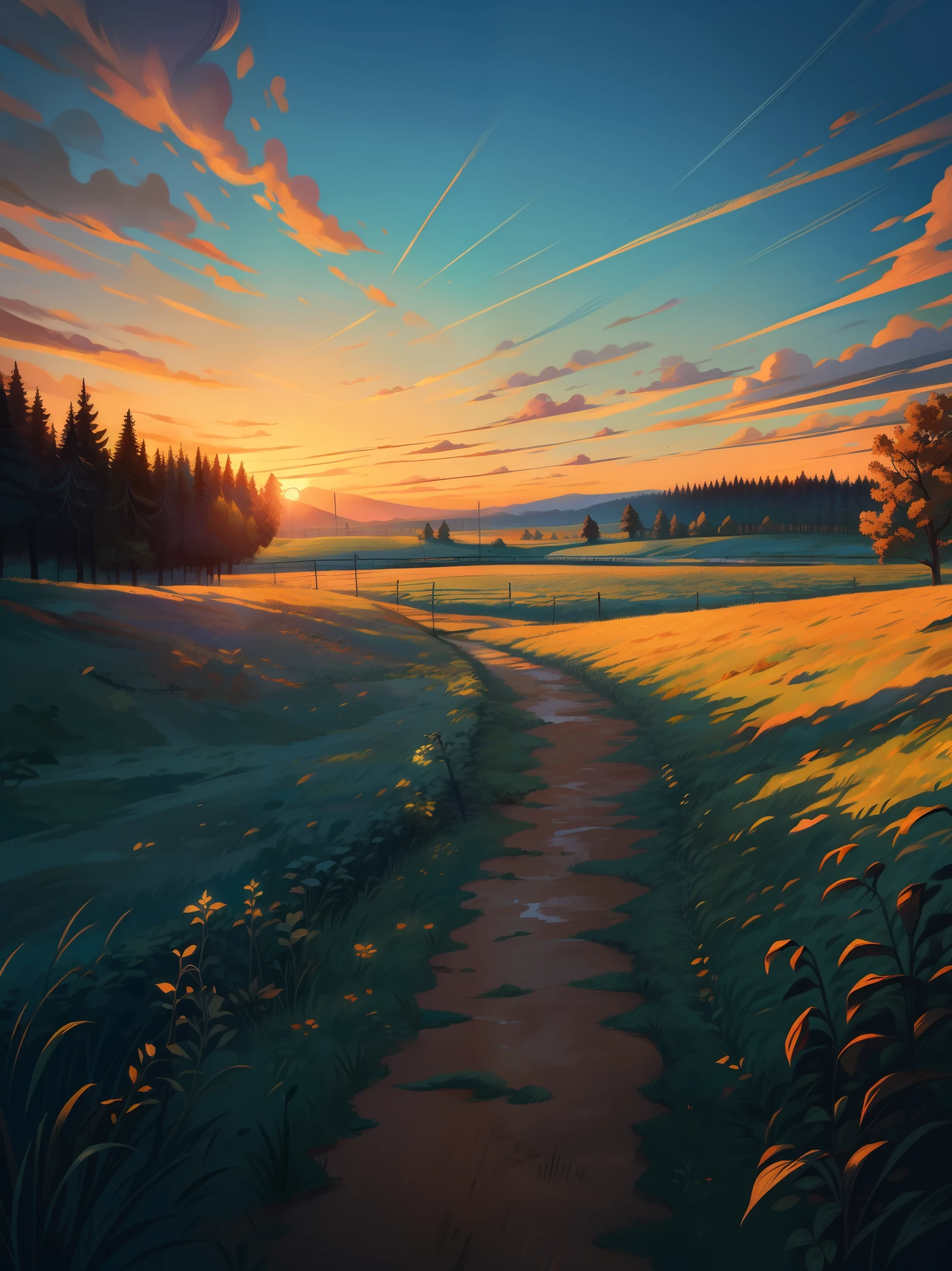 sunset in fields, green long grass, muddy path, barbed wire fencing, sunset hues on foliage, beautiful color palette, orangish blue dark cloudy sky, nature, micro landscape, intrinsic details, cinematic tones, vibrant palette