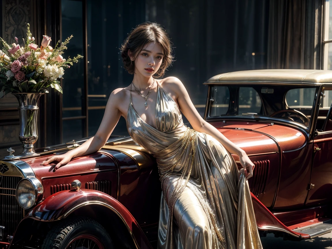 1920s woman leaning on a vintage car, bathed in the soft hues of spring amid a profusion of flowers, adorned in gold jewelry reflecting the light, captured in an Art Deco style, digital painting emulating chic, cinematic luminous lighting, intricate detailing akin to a trending ArtStation piece, 8K resolution, photorealistic concept artistry, embracing soft natural volumetric cinematic perfect light., haze, ultra-detailed, film photography, light leaks, Larry Bud Melman, trending on artstation, sharp focus, studio photo, intricate details, highly detailed