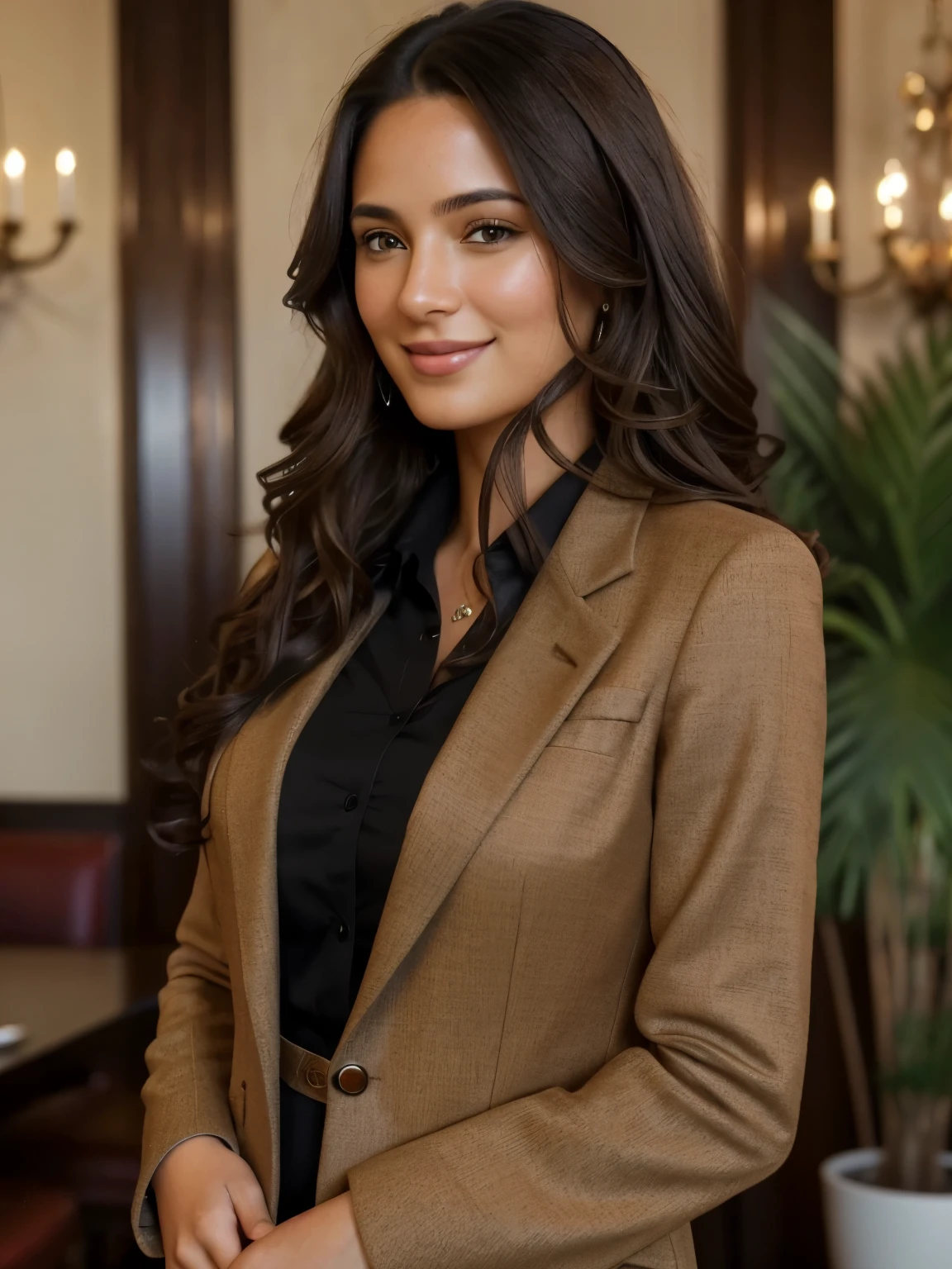 (best quality,8k,ultra-detailed,realistic:1.2),adult female,long hair,curly hair,black hair color,soft skin,brown eyes,smiling,vegetation,casual,businesswoman-style clothing,light brown blazer,with background in a fancy restaurant,super detailed and realistic