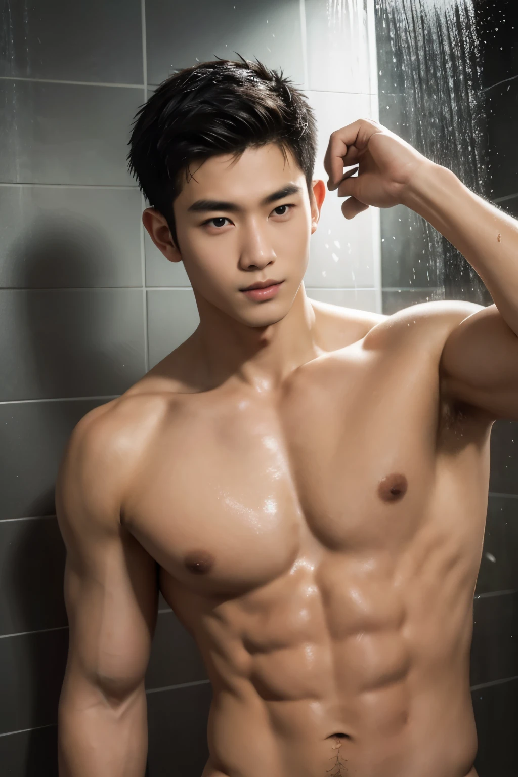 (masterpiece:1.2), 18-year-old boy, Asian, detailed face, muscular body build, taking a shower, nude, penis, various poses, shy expression, bashful expression, ultra-detailed, realistic, portraits, vibrant colors, studio lighting