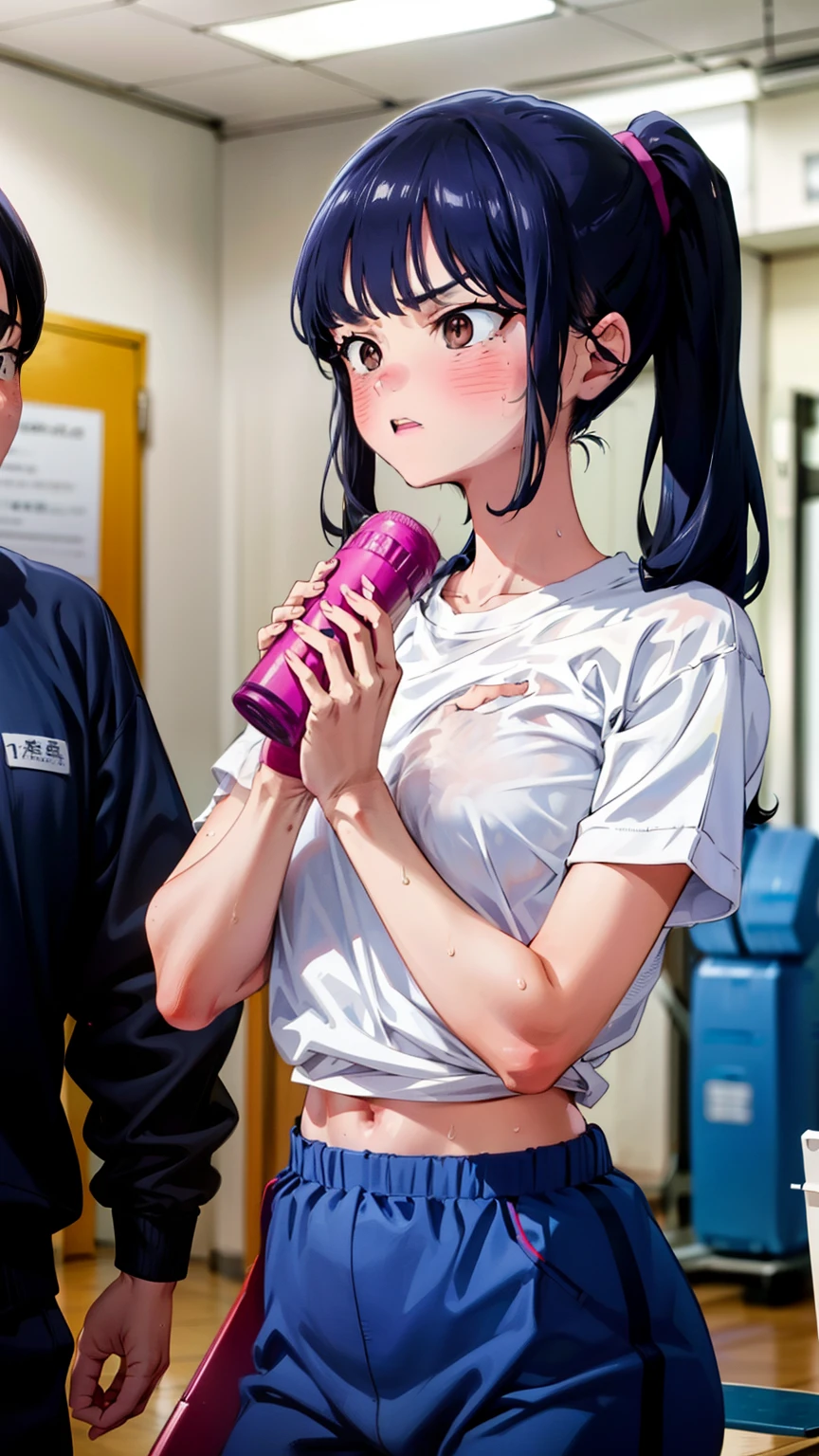 shirtless woman, gymnastics、wear dark blue bloomers, sweaty face, 22 year old sister, blush, glare, angry face、Anna Yamada, Taking a physical exam at the gym、((masterpiece、highest quality、Super fine、High resolution))