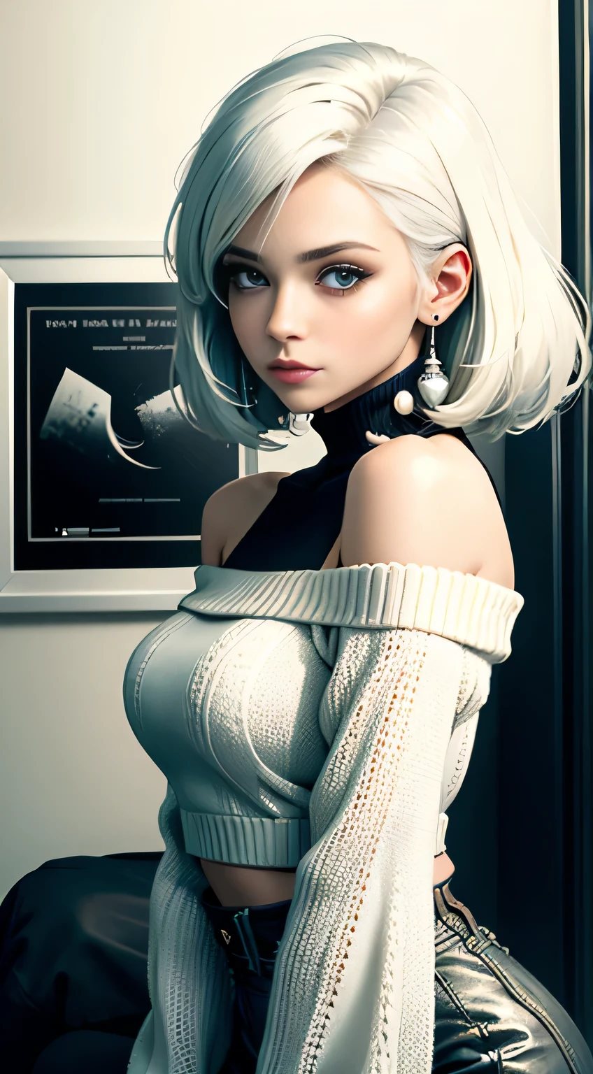 Medium Shot Shot, A beautiful woman looks at the camera, White hair, Chris Foss autumn off-the-shoulder sweater