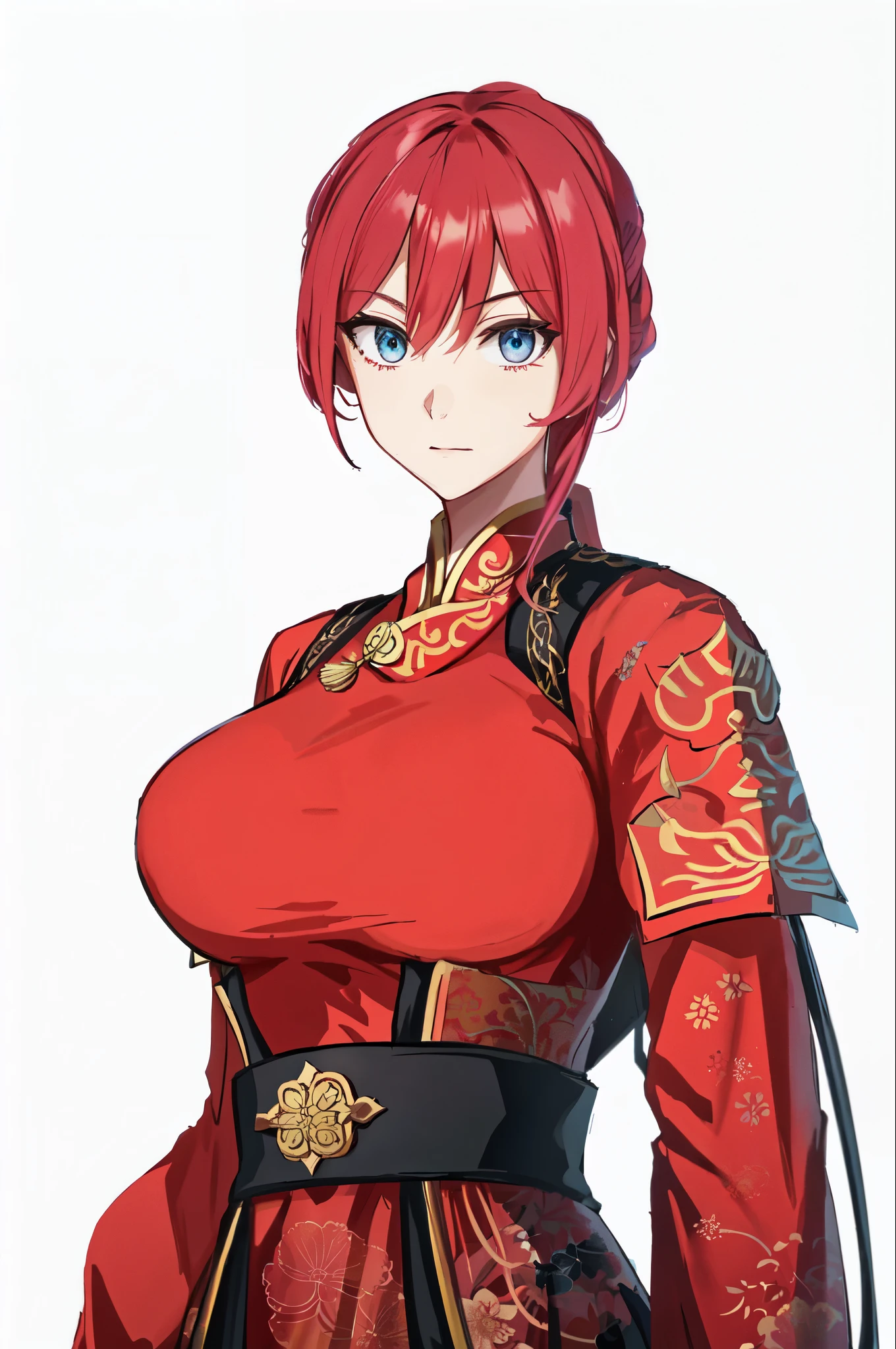 One was wearing a red dress、Cartoon image of woman holding sword, Ayaka original god impact, fox and bush, Katsushika, Ayaka game genshin impact, Kushat Garland, heroine :8, Tik, Kitsune-inspired armor, Highest rated on pixiv,Three Kingdoms style,female general,huge breasts,woman with fierce eyes,blue eyes,Beauty,Dynasty Warriors,cool girl