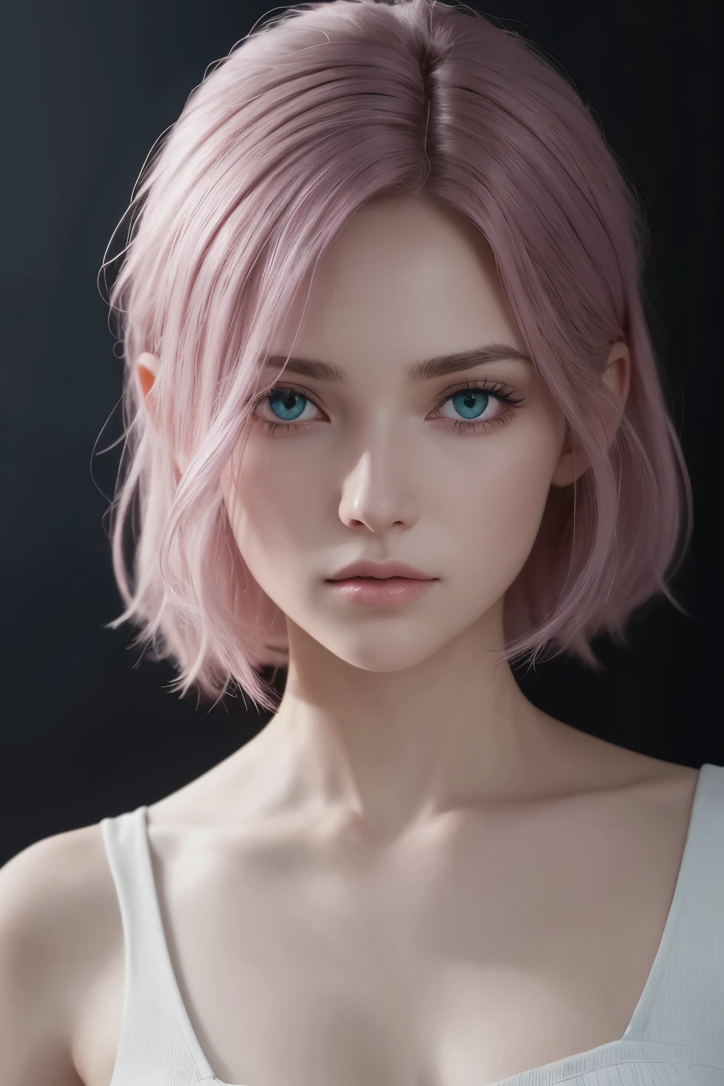 1fille, oeil d'Star, rougir, Perfect lighting, cheveux rose court, les yeux verts, Unreal engine, side lighting, Detailed face, pas de frange, Peau brillante, fond simple, fond sombre, serves dark pink head, marque losange bleu sur le front.