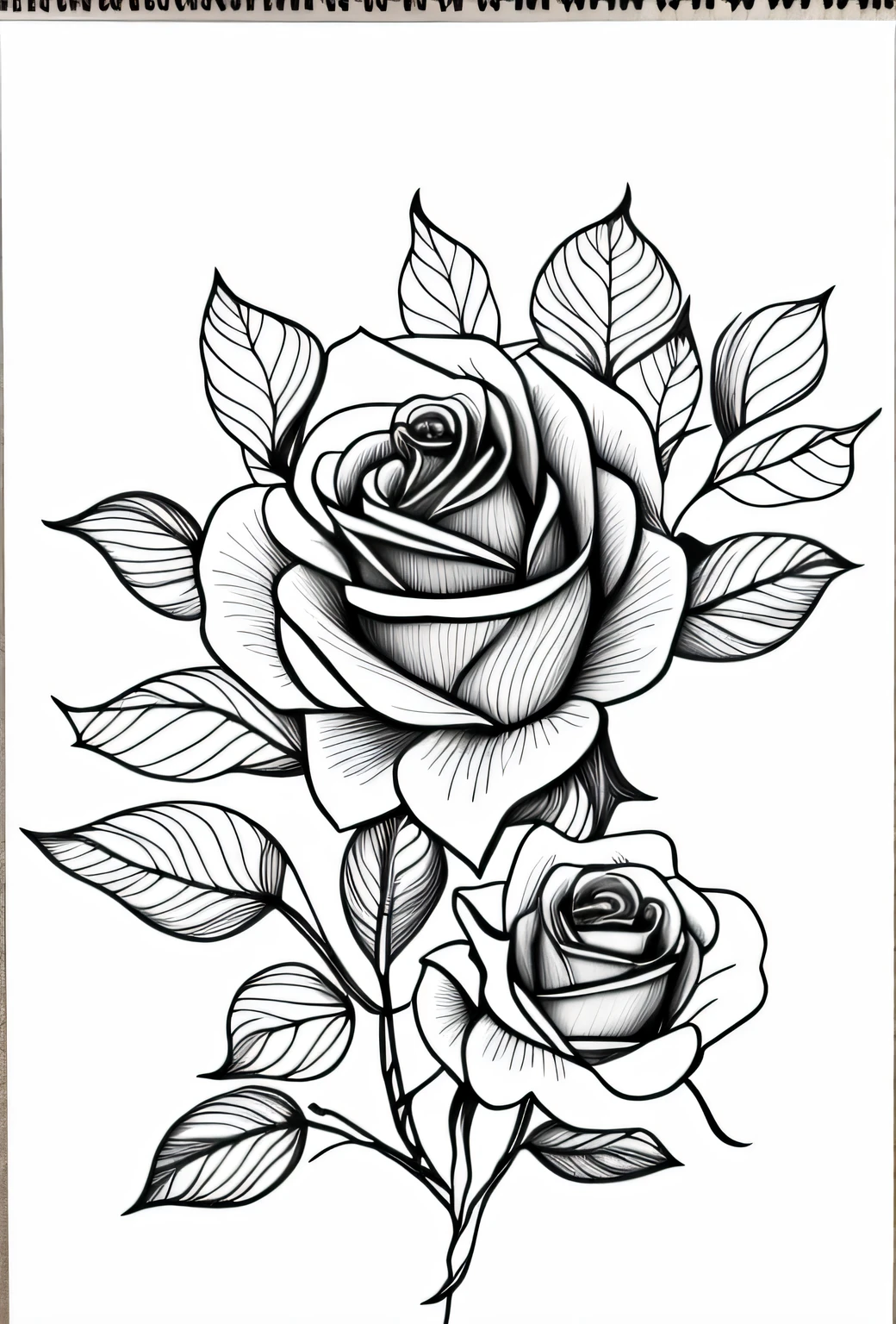 a drawing of roses with leaves on a white background, beautiful line art, detailed line art, hyper detailed line art, line art illustration, clean ink detailed line drawing, line drawing tattoos, line art colouring page, realistic line drawing, extremely fine ink lineart, outline drawing, line art!!, black and white detailed sketch, outline sketch, outline art