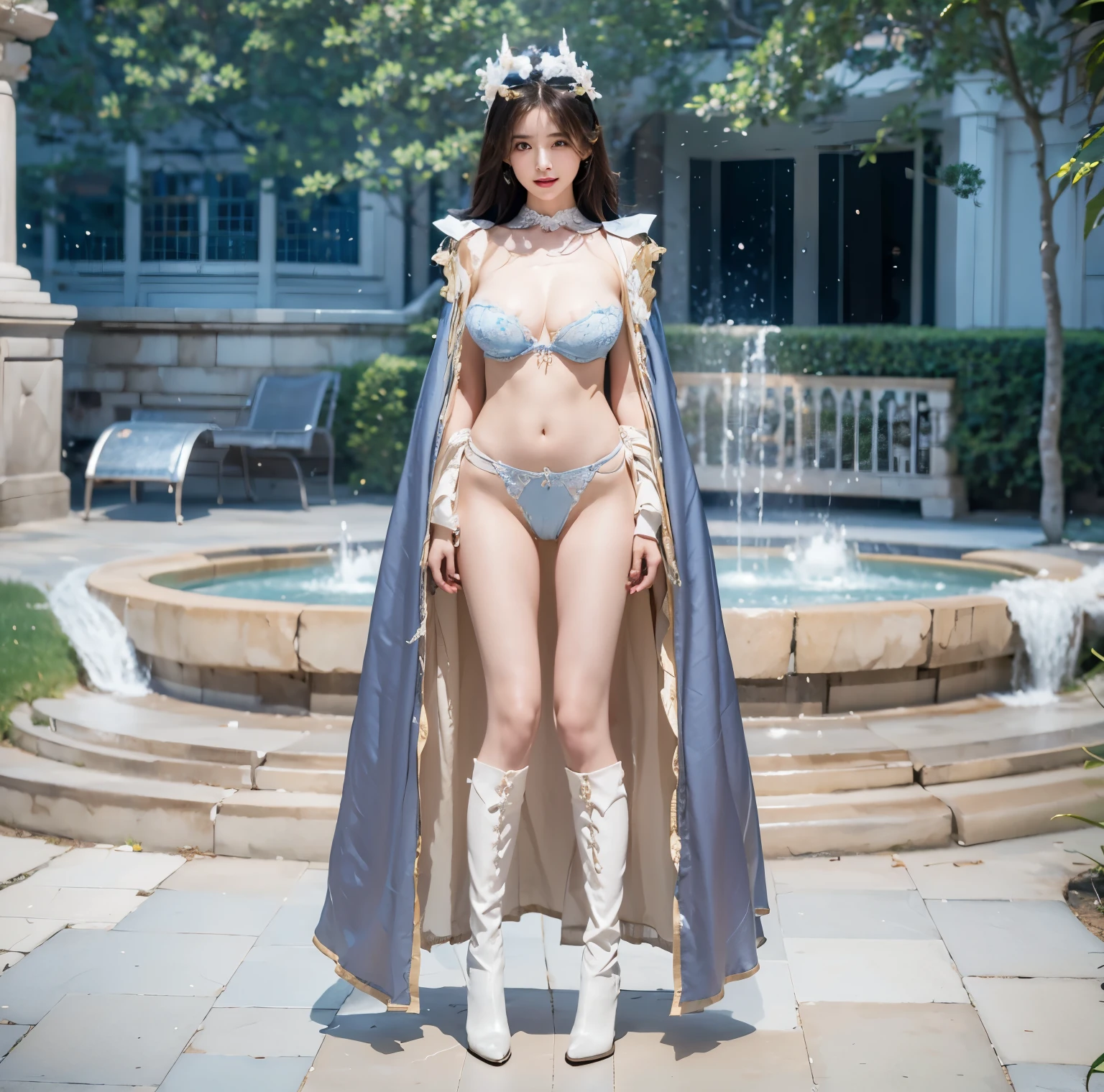 beautiful and delicate woman,The details of the eyes and face are very rich, exquisite eyes, super detailed, High resolution, The content is very detailed,best quality,EnLightenment,Unite,8k wallpaper,masterpiece,best quality,imagine,1 girl,Wear sexy powder blue lingerie,huge breasts,high cut underwear,Metal style, sky blue priest cloak,priest hat,standing posture,long legs,put on blue boots,look at the audience,Face the audience,flowing long hair,Surreal 8000g,Impeccable,masterpiece,professional artwork,famous artwork,Light,movie bloom,perfect face,pretty face,smile, fantasy,Dreamy and magical,not real,intricate details,Exquisite pattern…Korean woman’s face,full-body shot