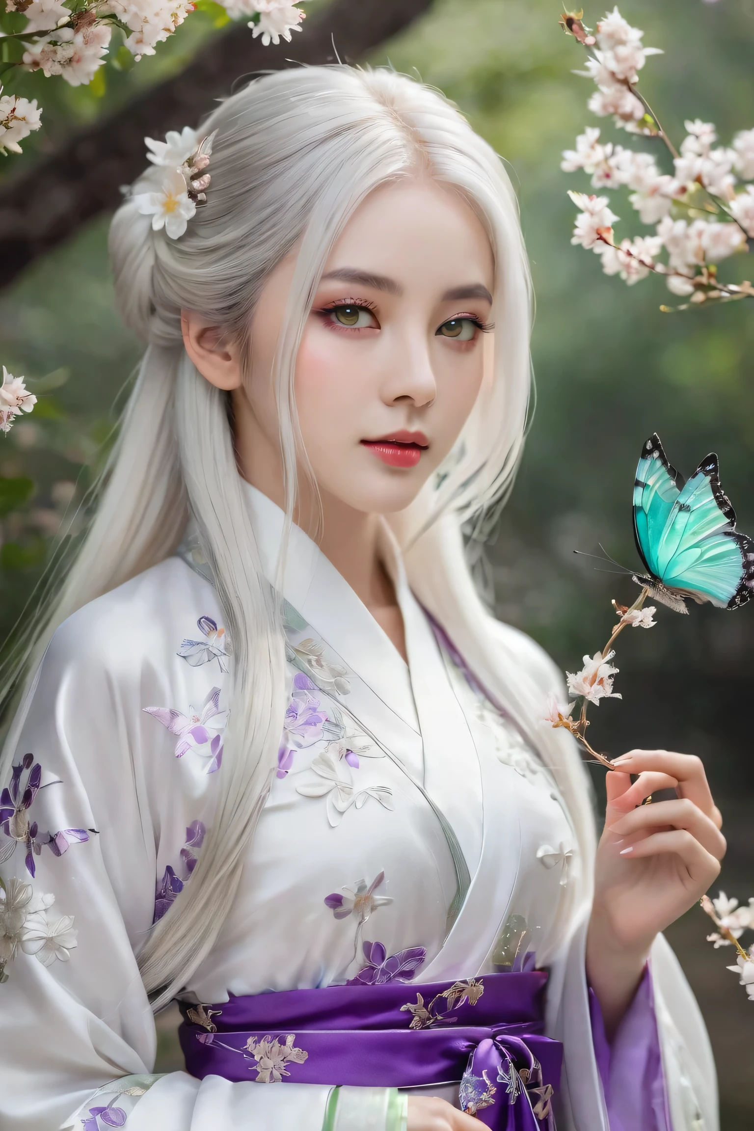 1 girl, solo, long white hair, shiny green eyes, detailed eyes, blink and youll miss it detail, silk hanfu, white robe hanfu, purple glittering butterflies, outdoors, flower garden, high quality, ancient chinese hanfu, floral background, very detailed