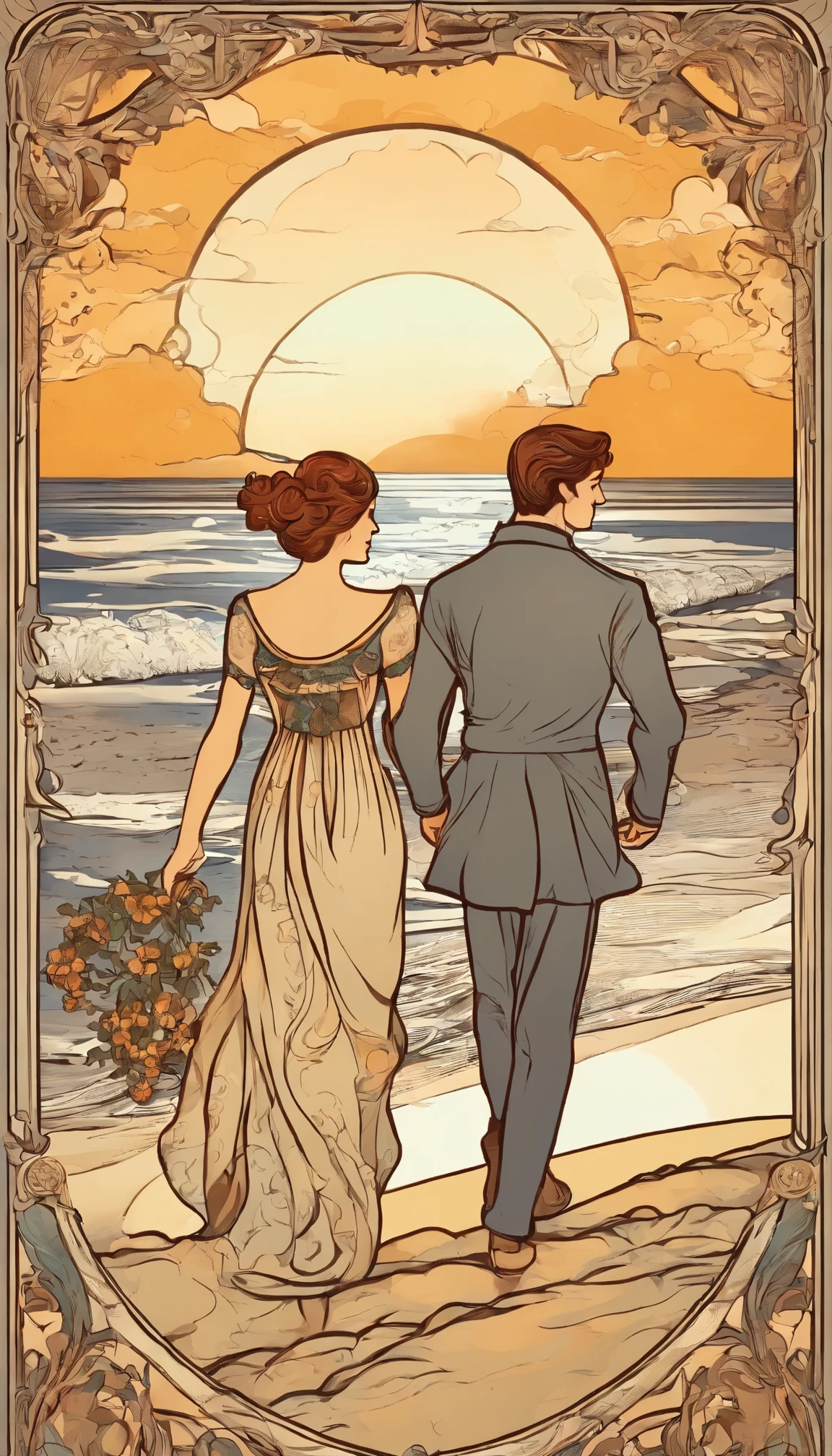 young couple walking along the beach towards the sunset.