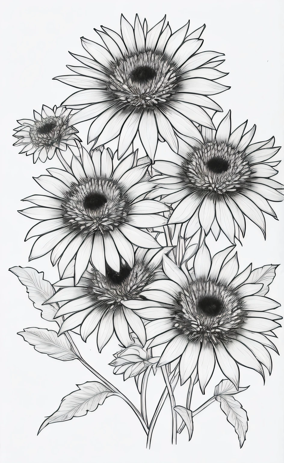 a drawing of a bunch of flowers with leaves on a white background, detailed flowers, highly detailed drawing, black and whitehighly detailed, flowers with intricate detail, hyper detailed line art, black and white line art, high detailed drawing, higly detailed black ink outline, black and white detailed sketch, detailed 4 k drawing, highly detailed linework