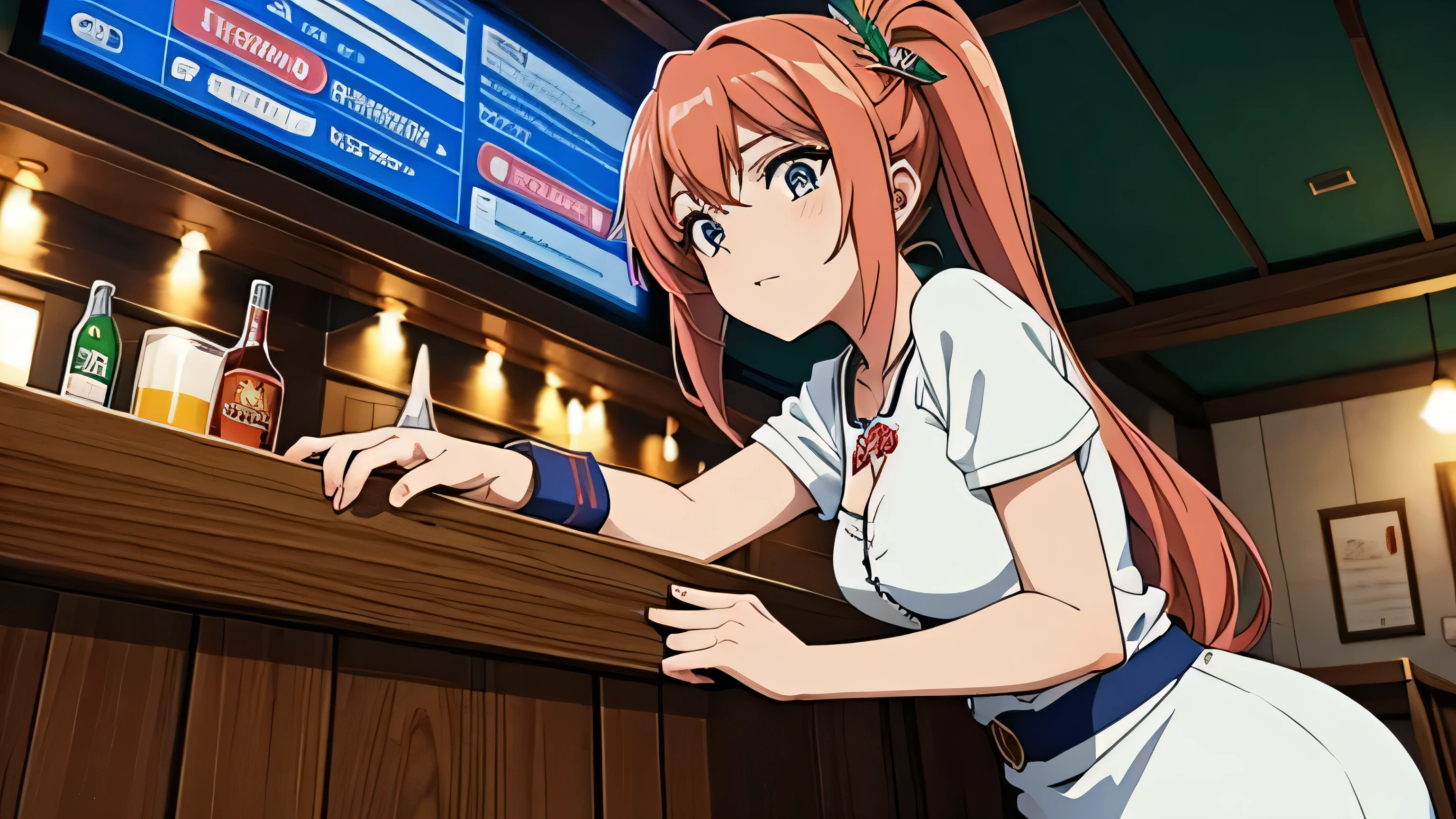 garota de anime em bar movimentado sentada bebendo cerveja