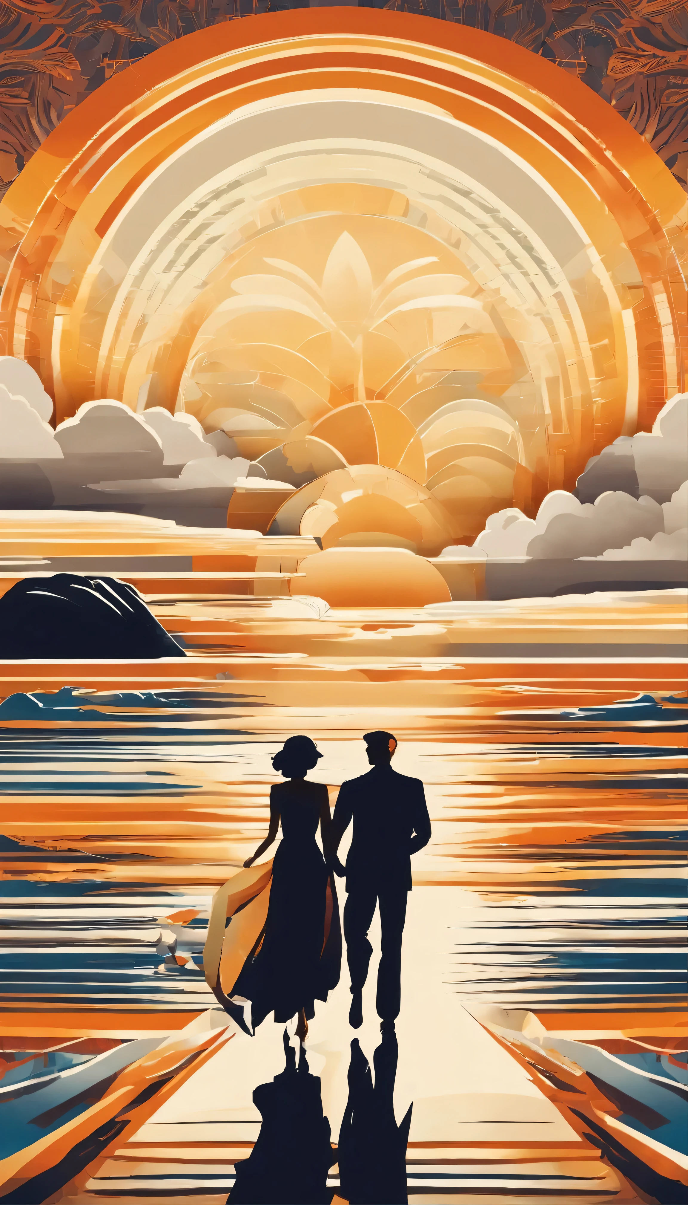 young couple walking along the beach towards the sunset.
