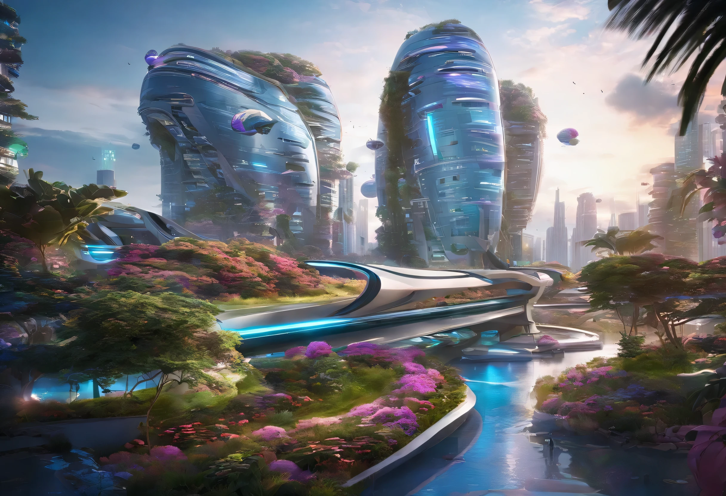 Urban design of the future,The shape of the building is special,There is a sense of design,aestheticly pleasing,Renderings,There are flowers,There are greenery, Rich in color