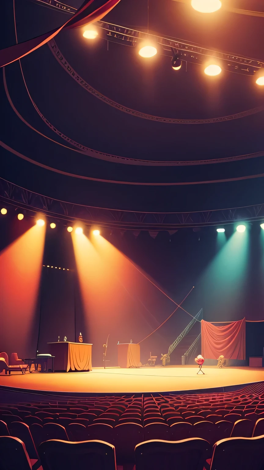 Circus indoor ,stage, cartoony colours,sketchbook colours ,no characters , cartoon background