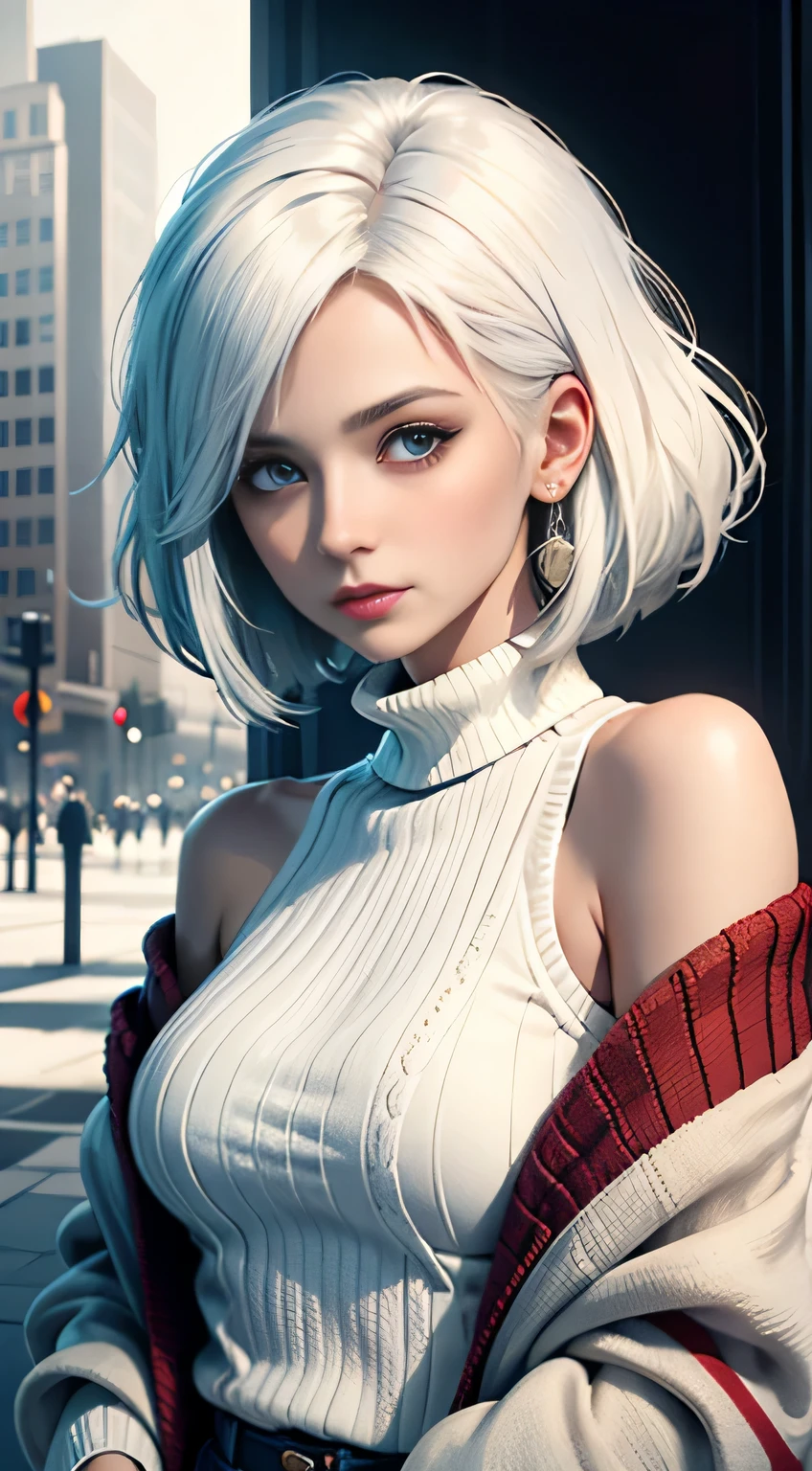 Medium Shot Shot, A beautiful woman looks at the camera, White hair, Chris Foss autumn off-the-shoulder sweater