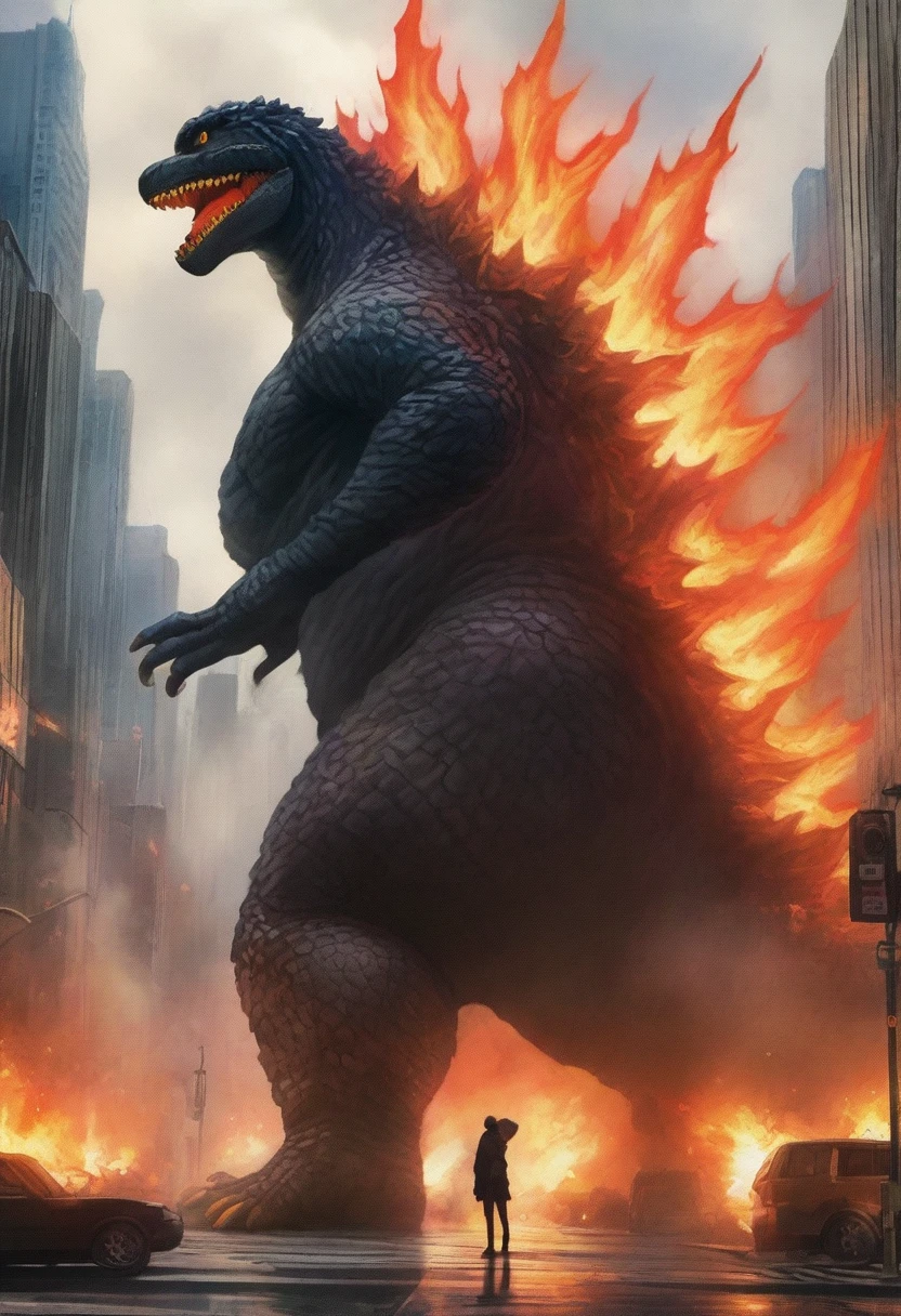 masterpiece, best quality, very aesthetic, cloudy moonlight,
monster, godzilla,  full body shot from side, looking at the viewer, blue eyes, yellow spines, 
in city center, fire, explosion,