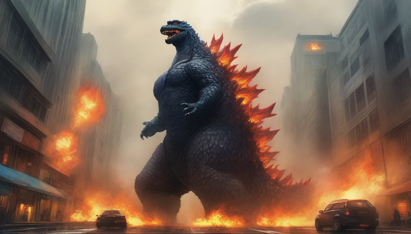 masterpiece, best quality, very aesthetic, cloudy moonlight,
monster, godzilla,  full body shot from side, looking at the viewer, blue eyes, yellow spines, 
in city center, fire, explosion,