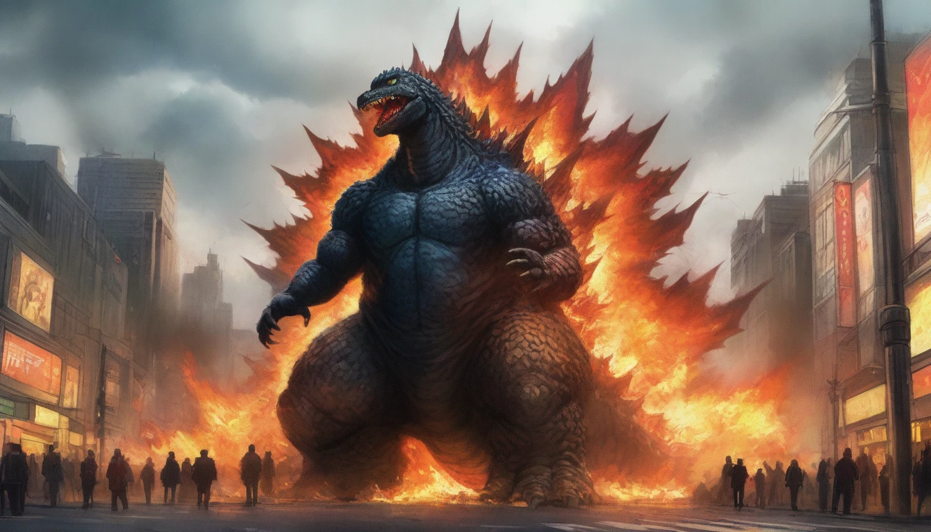 masterpiece, best quality, very aesthetic, cloudy moonlight,
monster, godzilla,  full body shot from side, looking at the viewer, blue eyes, yellow spines, 
in city center, fire, explosion,