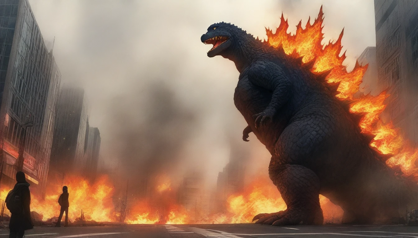 masterpiece, best quality, very aesthetic, cloudy daylight,
GodzillaXP, monster, godzilla,  full body shot from side, looking at the viewer, blue eyes, yellow spines, 
in city center, fire, explosion,