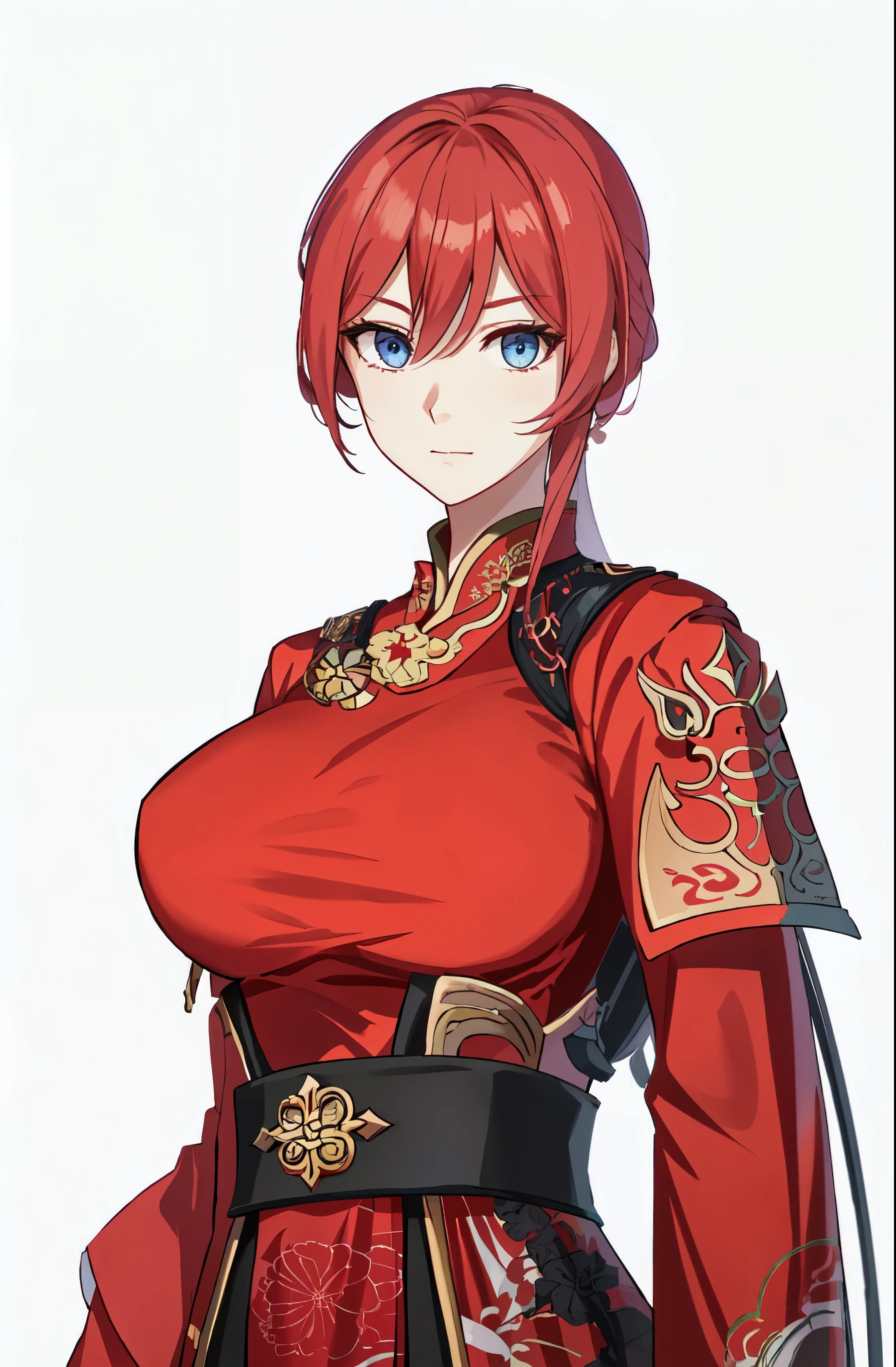 One was wearing a red dress、Cartoon image of woman holding sword, Ayaka original god impact, fox and bush, Katsushika, Ayaka game genshin impact, Kushat Garland, heroine :8, Tik, Kitsune-inspired armor, Highest rated on pixiv,Three Kingdoms style,female general,huge breasts,woman with fierce eyes,blue eyes,Beauty,Dynasty Warriors,cool girl