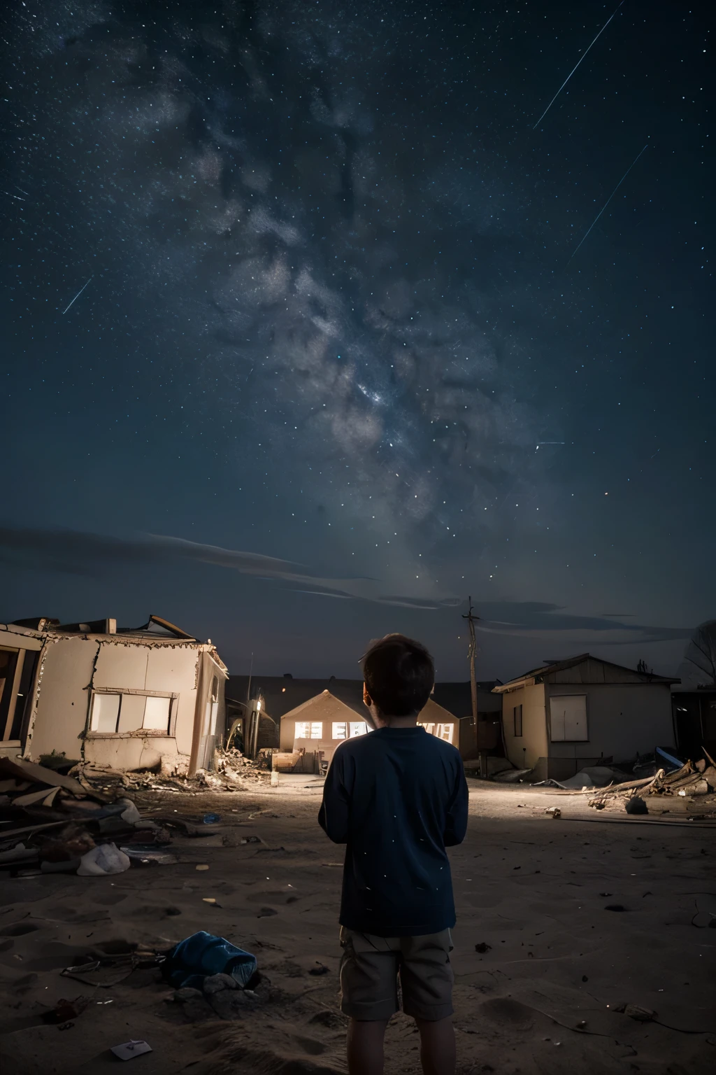 Little boy from behind, look at the starry sky, Ruined building
