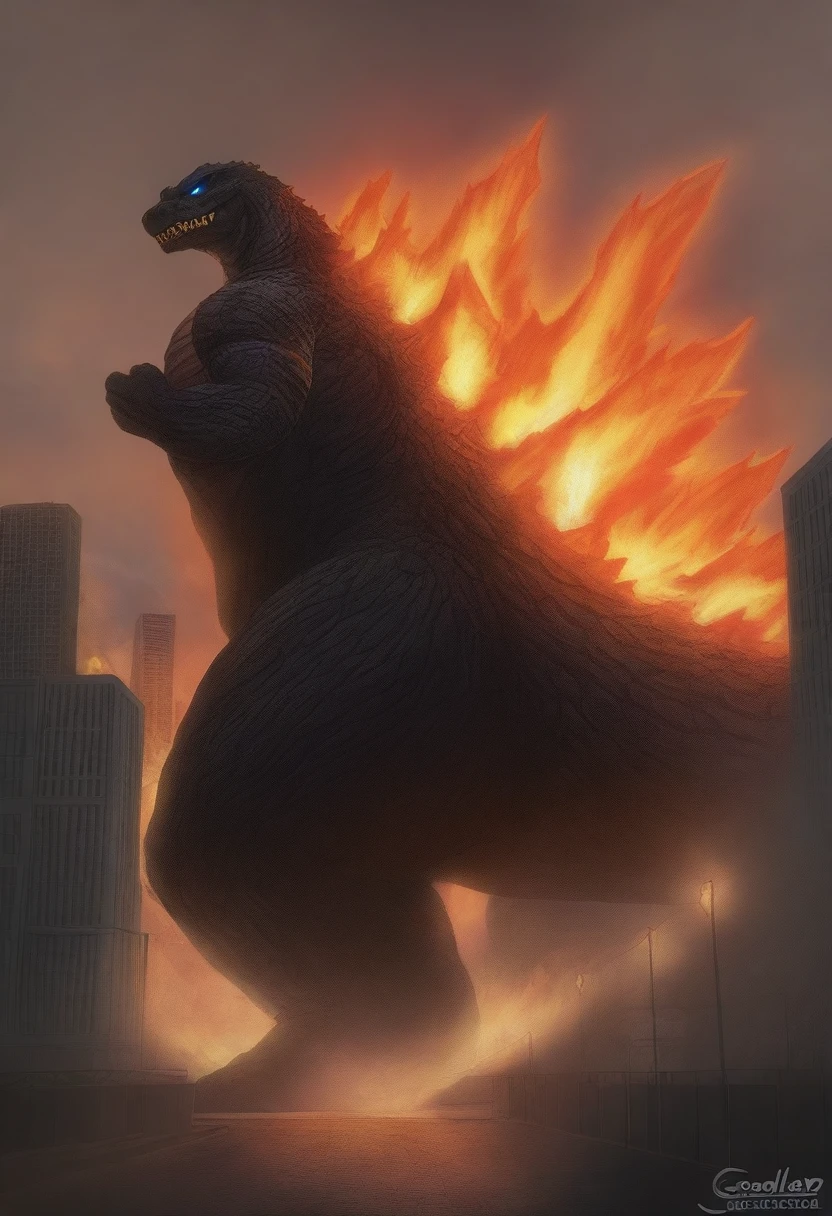 masterpiece, best quality, very aesthetic, cloudy daylight,
GodzillaXP, monster, godzilla, full body shot from side, looking at the viewer, blue eyes, yellow spines,
in city center, fire, explosion,