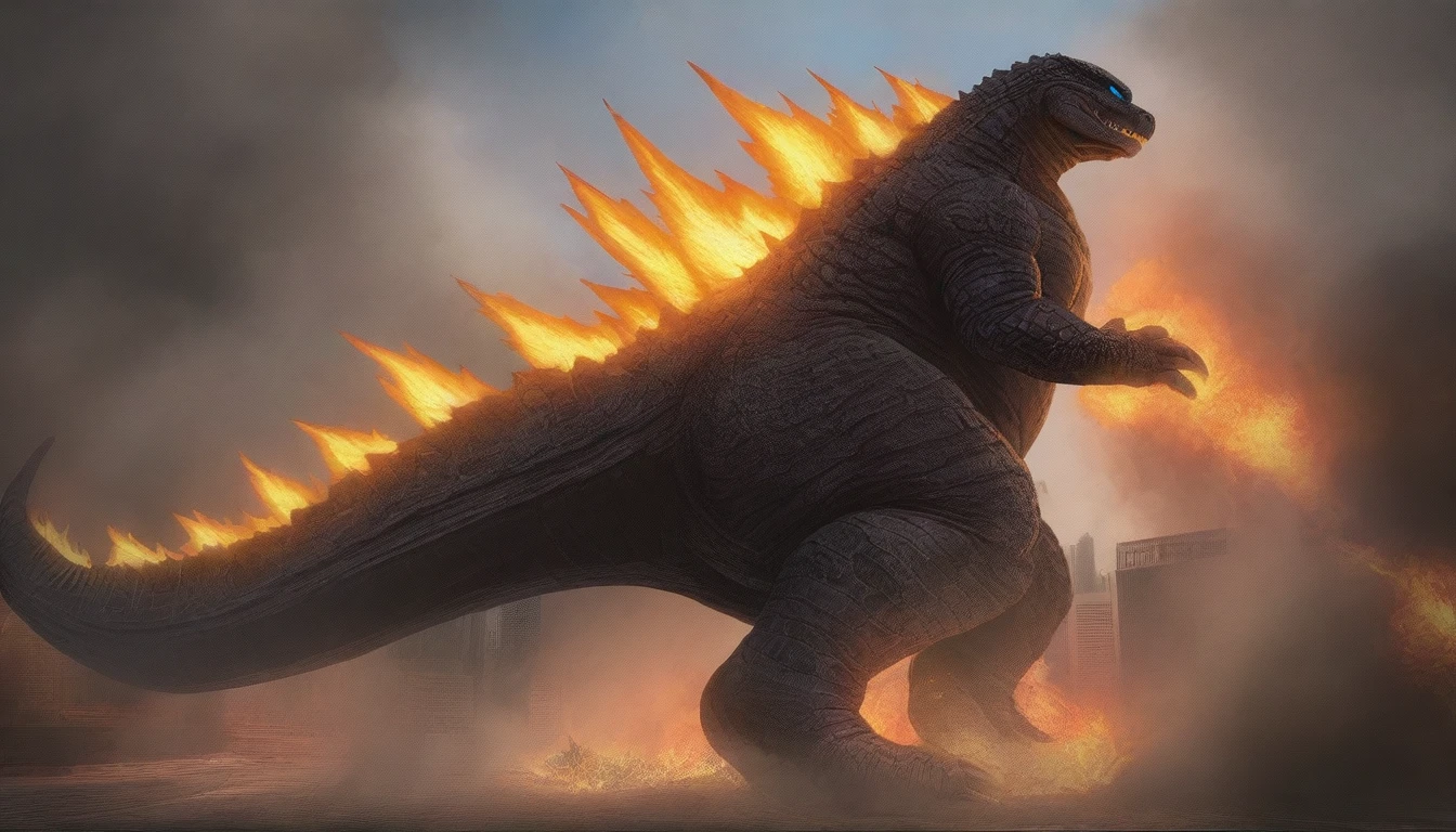 masterpiece, best quality, very aesthetic, cloudy daylight,
GodzillaXP, monster, godzilla, full body shot from side, looking at the viewer, blue eyes, yellow spines,
in city center, fire, explosion,