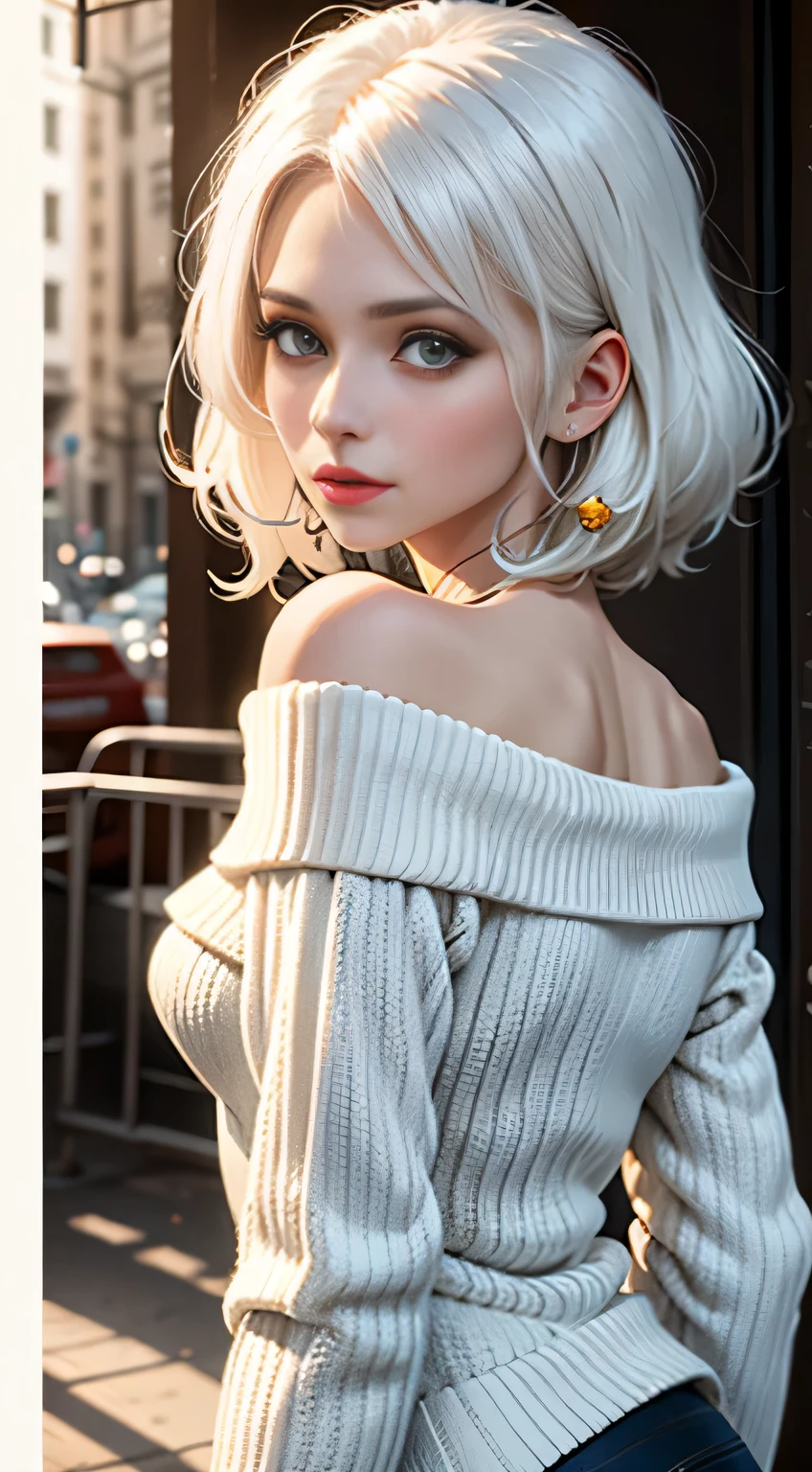 Medium Shot Shot, A beautiful woman looks at the camera, White hair, Chris Foss autumn off-the-shoulder sweater