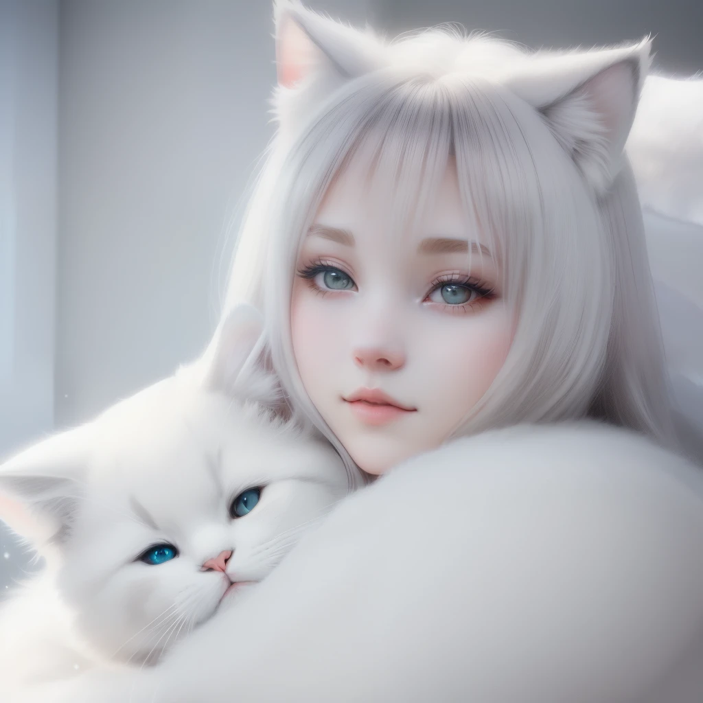 (pretty girl),Cuddling with a cute big cat,white fur fur and white powder elements,beautiful light and shadow,ambient light,very high quality fur,volume light, Anime Cartoon Style,Cat and girl,genuine,