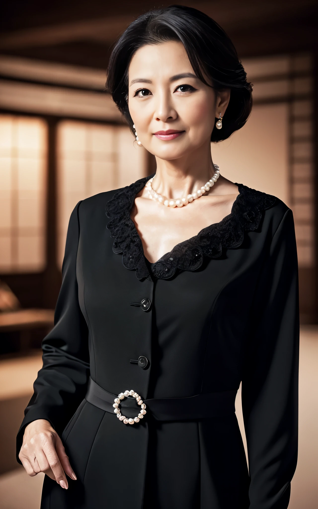 (highest quality, 8K, best image quality), beautiful and elegant 45 year old mature, japanese Female upper body photo, beautiful detailed face, Standing elegantly (All black suit-type mourning clothes:1.3), (pearl necklace:1.2), clavicle, (Bewitching, shiny, A sexy mature woman), (Perfect composition showing the most beautiful women:1.3), plump body, (Romantic and moody warm lighting:1.2), make up;1.5, The most beautiful and classy hairstyle, (accurate anatomy:1.1), blurred background, 