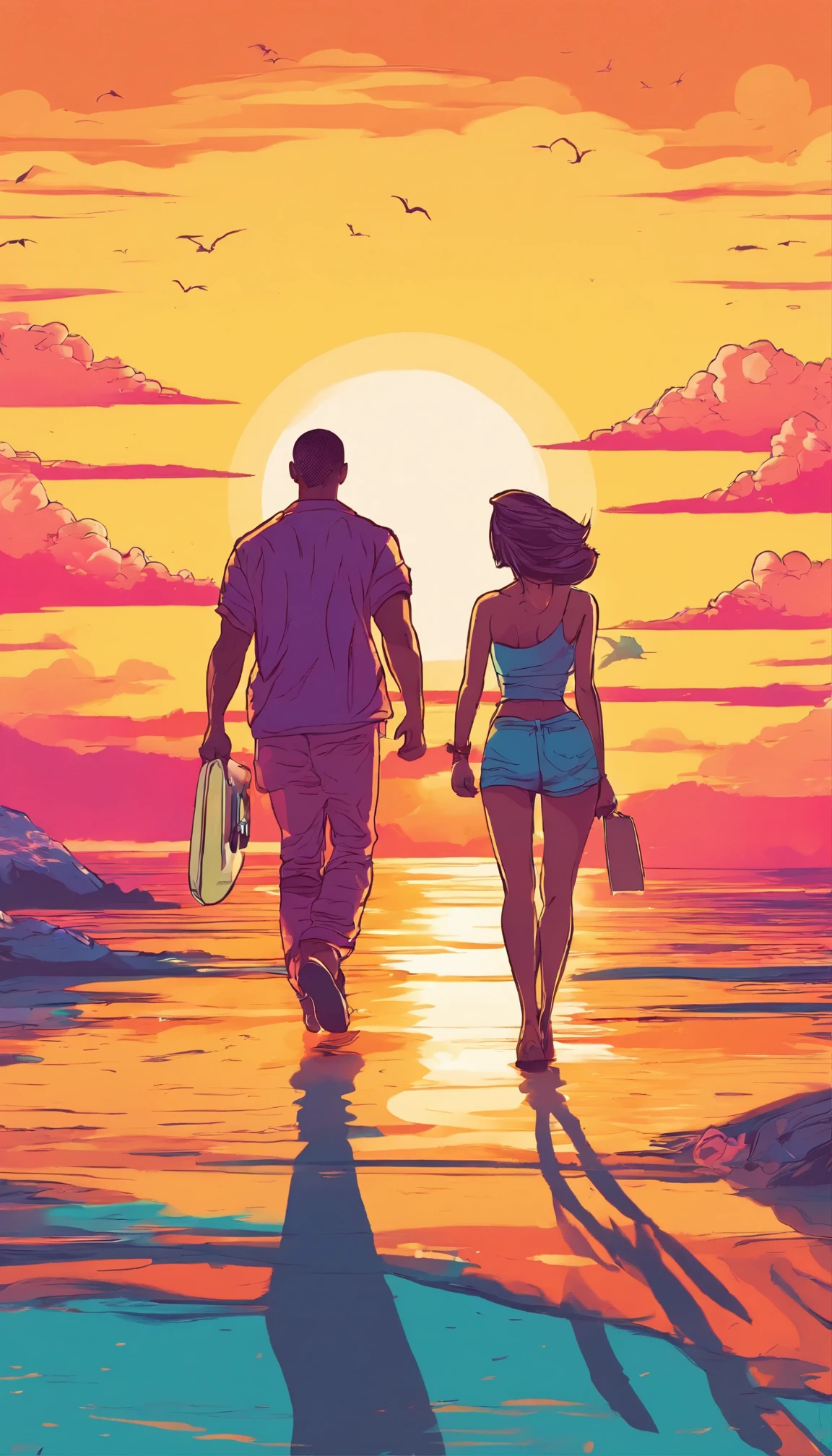 young couple walking along the beach towards the sunset.
