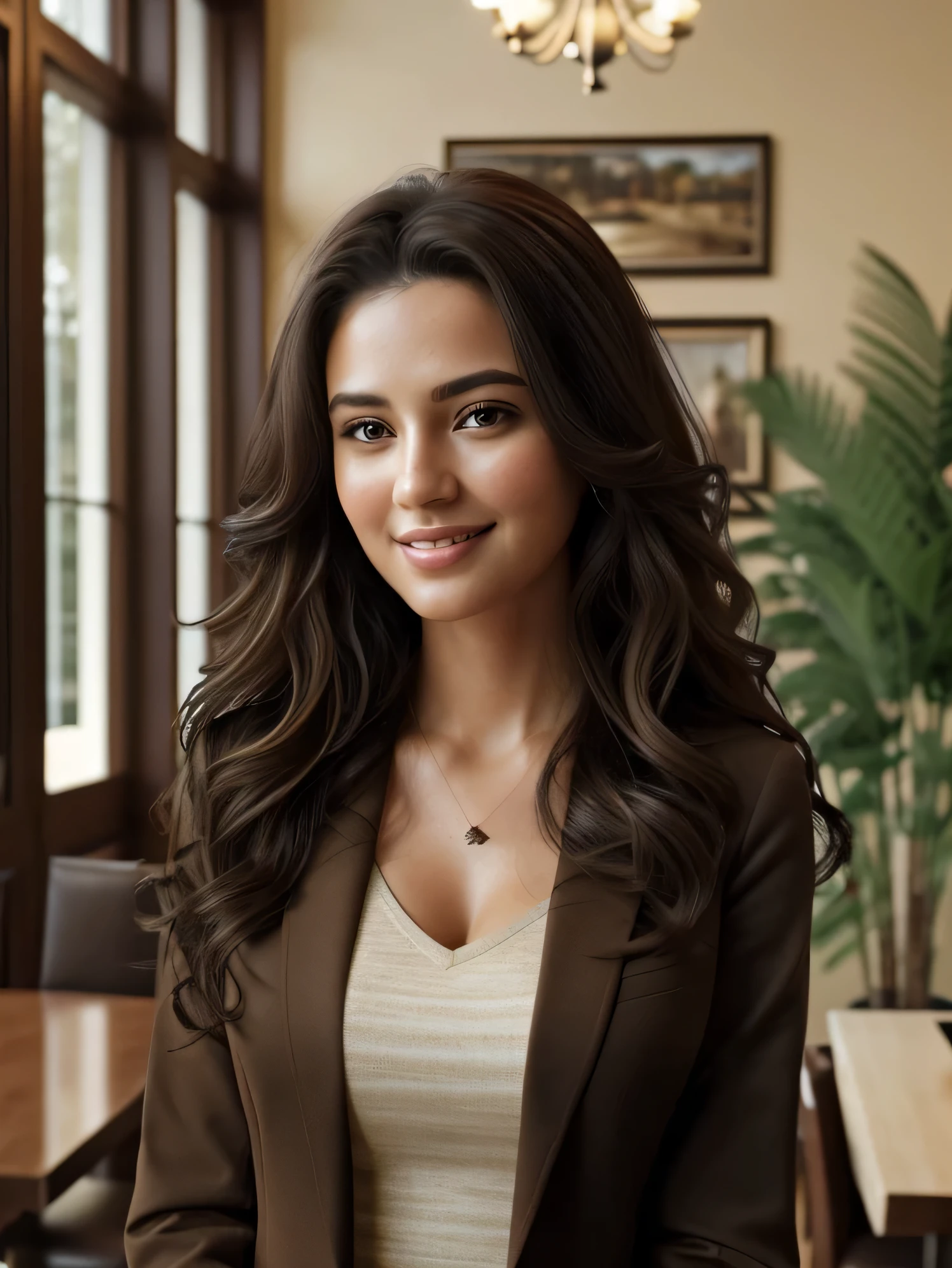 (best quality,8k,ultra-detailed,realistic:1.2),adult female,long hair,curly hair,black hair color,soft skin,brown eyes,smiling,vegetation,casual,businesswoman-style clothing,light brown blazer,with background in a fancy restaurant,super detailed and realistic