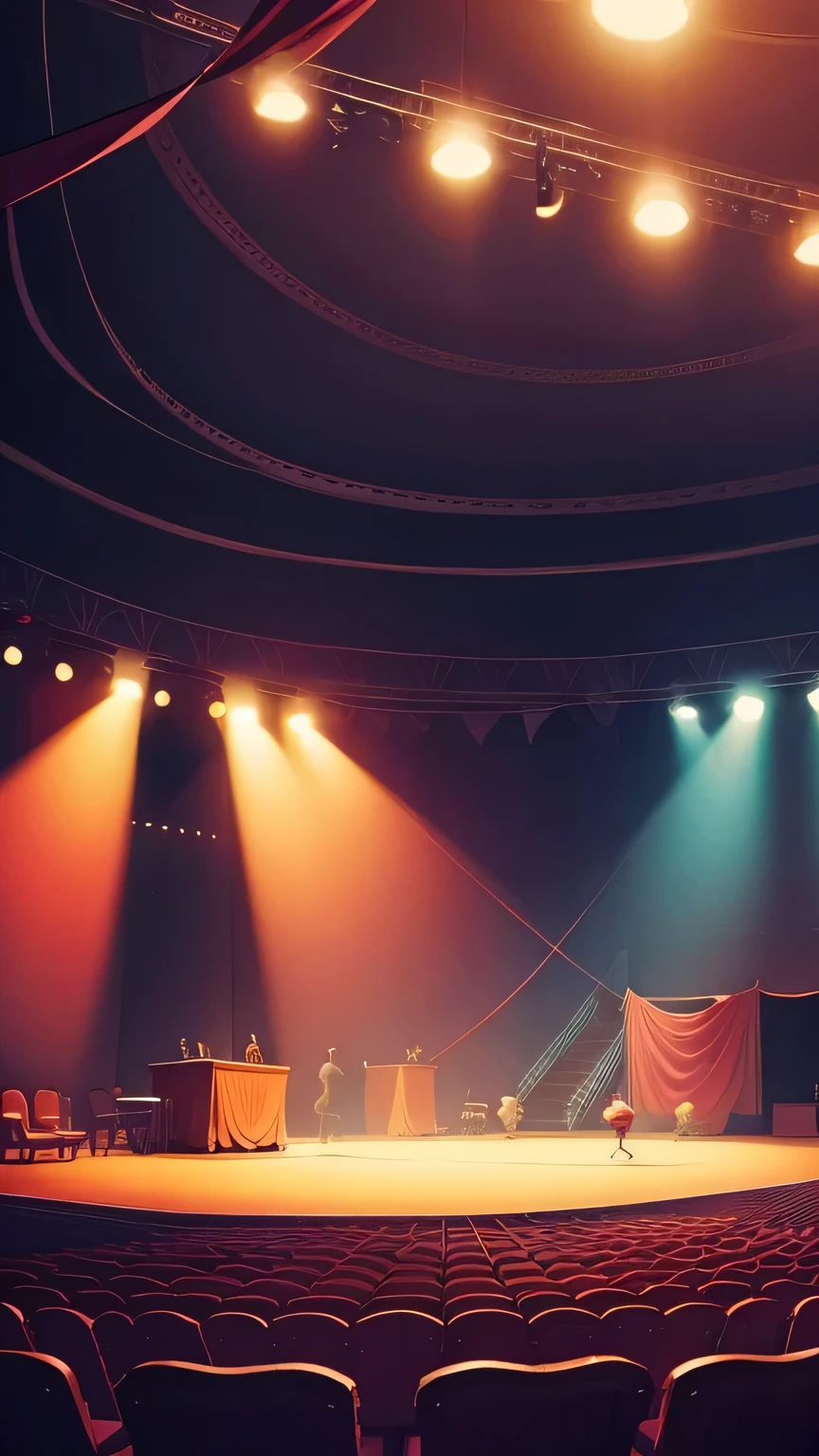 Circus indoor ,stage, cartoony colours,sketchbook colours ,no characters , cartoon background