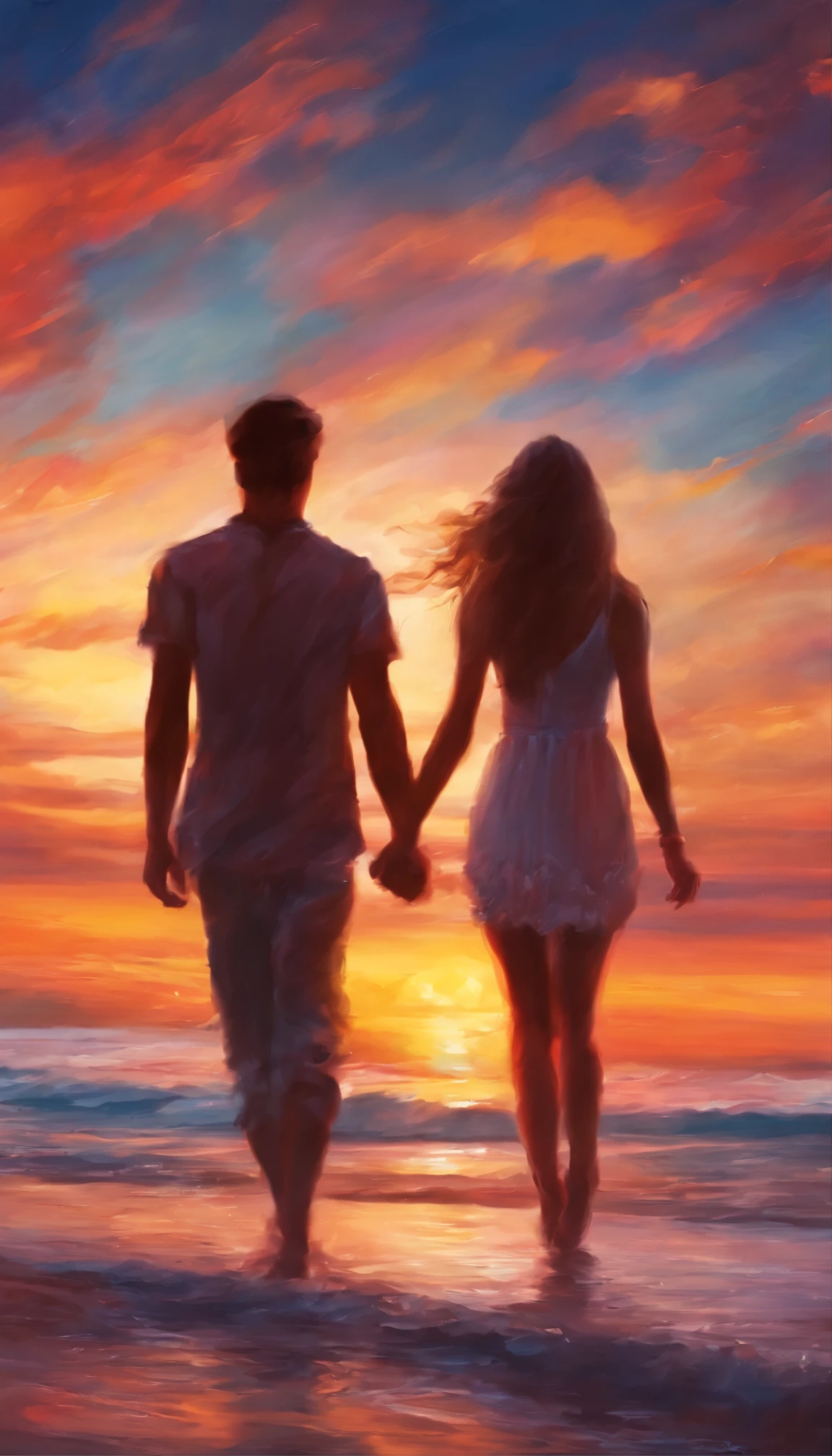 (melhor qualidade, 8K, high resolution, arte: 1.2), Detailed oil painting, silhuetas de um lindo jovem casal nu, despido, na beira da praia na areia, illuminated by streetlights, dancing happily and smiling, fechar-se , corpos perfeitos e detalhados para academia, luzes coloridas, romantic scene, erotic scene, fireworks, explosions of lights