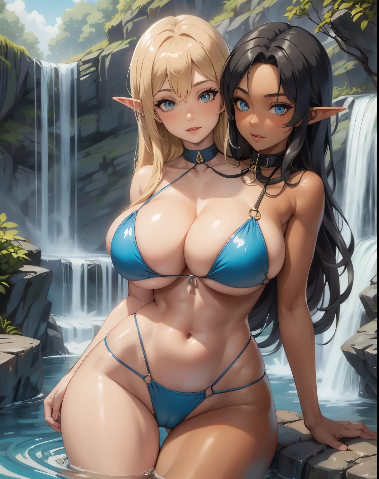 two sexy women in bikinis in a waterfall with a waterfall behind them, elves, two beautiful anime girls, elf girl, nixeu and sakimichan, anime girls, dark skin, breast press, (two heads)